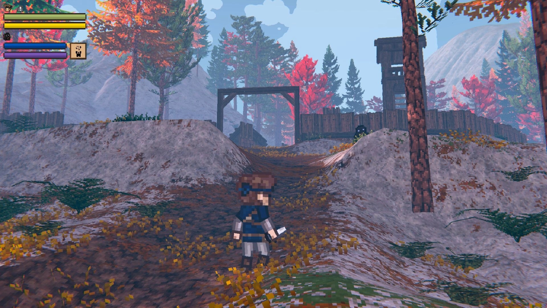 EthrA: Player character with sword walks toward a wooden fort gate in an autumn forest, HUD bars left.