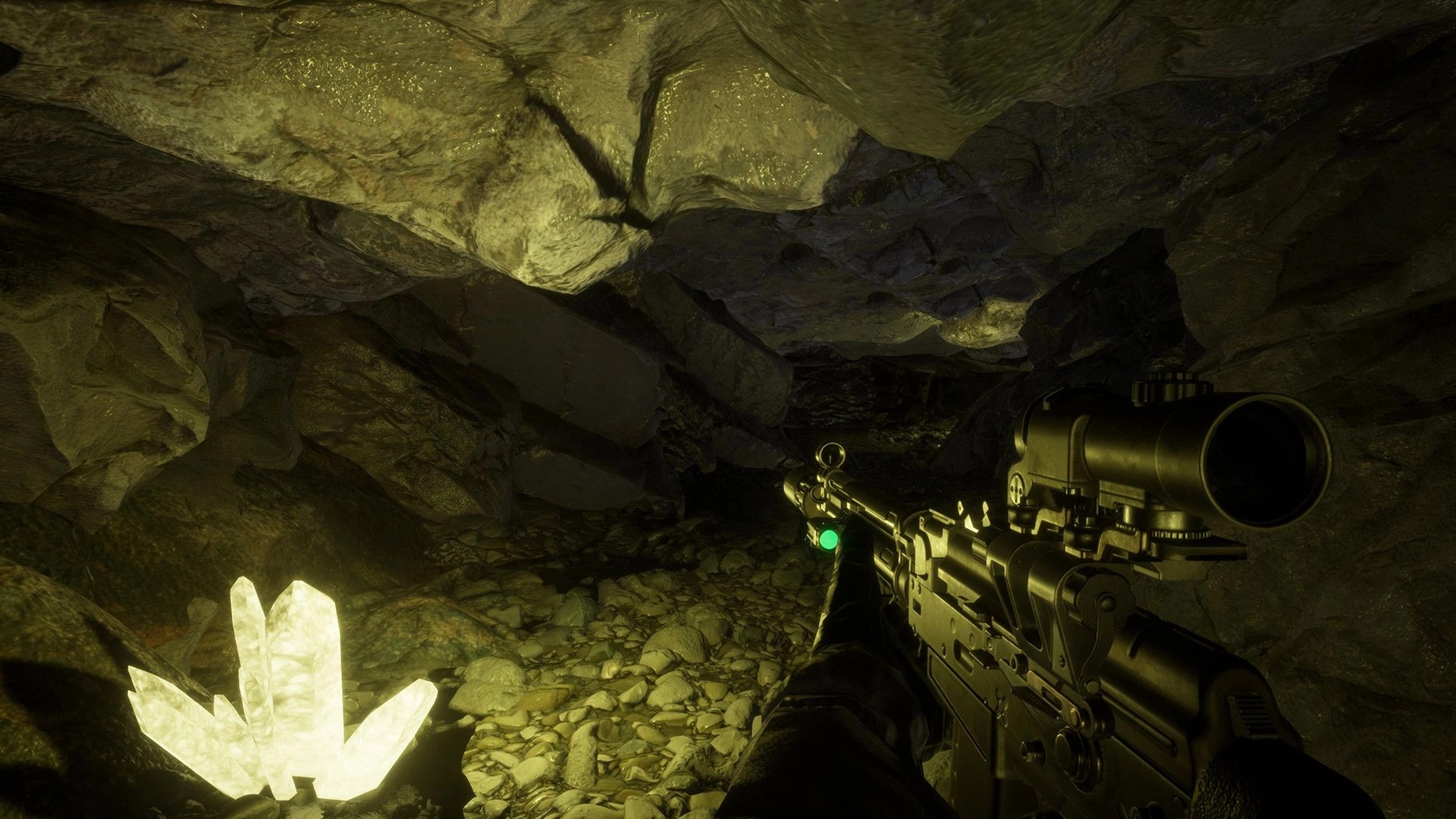 Evade The Light: Player aims rifle in a dim cave with glowing crystals illuminating rocky walls