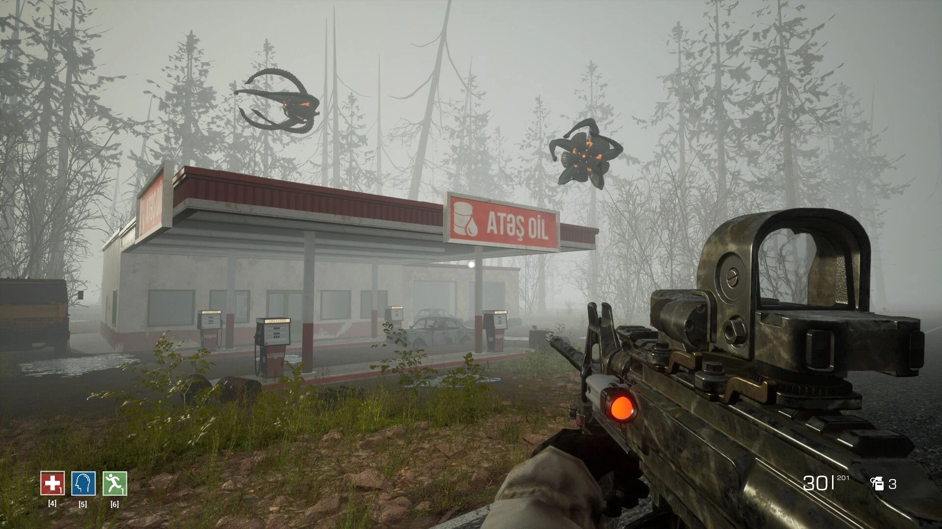 Evade The Light: First-person view aiming at drones near foggy gas station in eerie forest environment