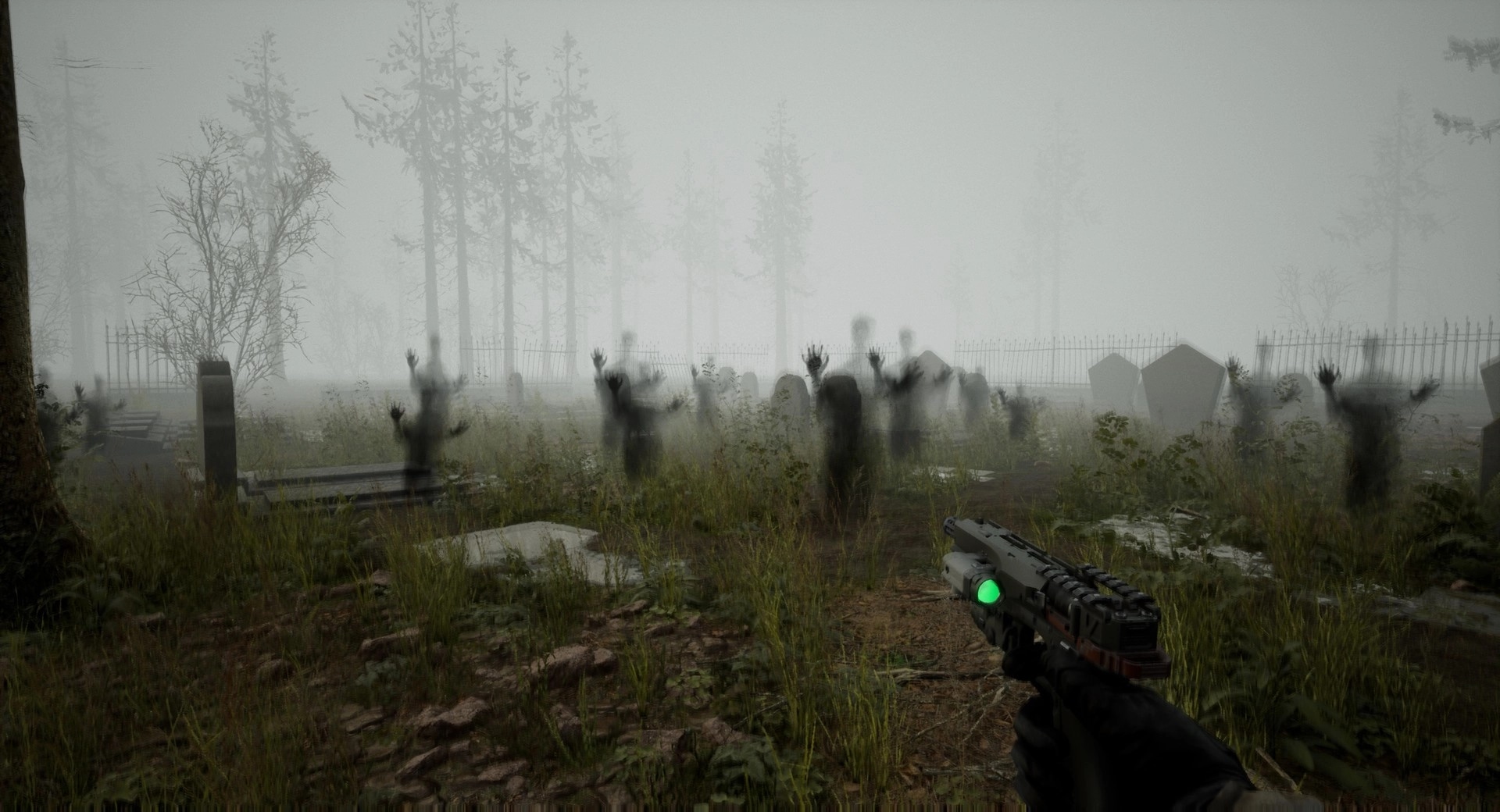 Evade The Light: Player explores foggy graveyard armed with a pistol, facing shadowy figures emerging from mist.
