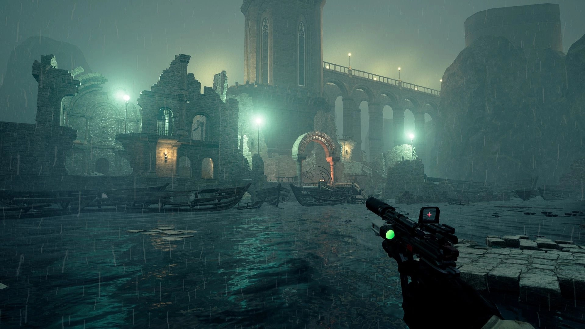 Evade The Light: Player aims in rainy ruins with glowing lights and towering structures in the background