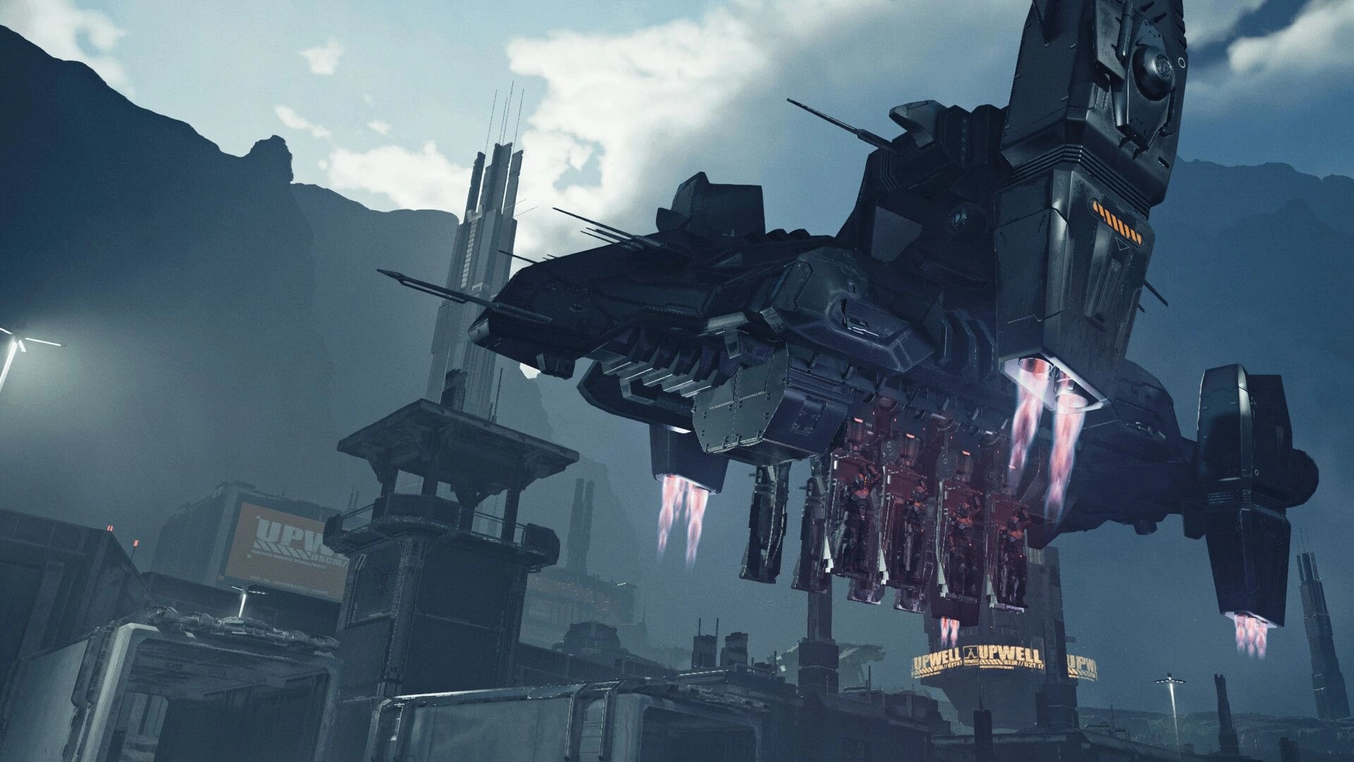 EVE Vanguard: Dropship hovers with thrusters firing above an industrial outpost and misty mountains.