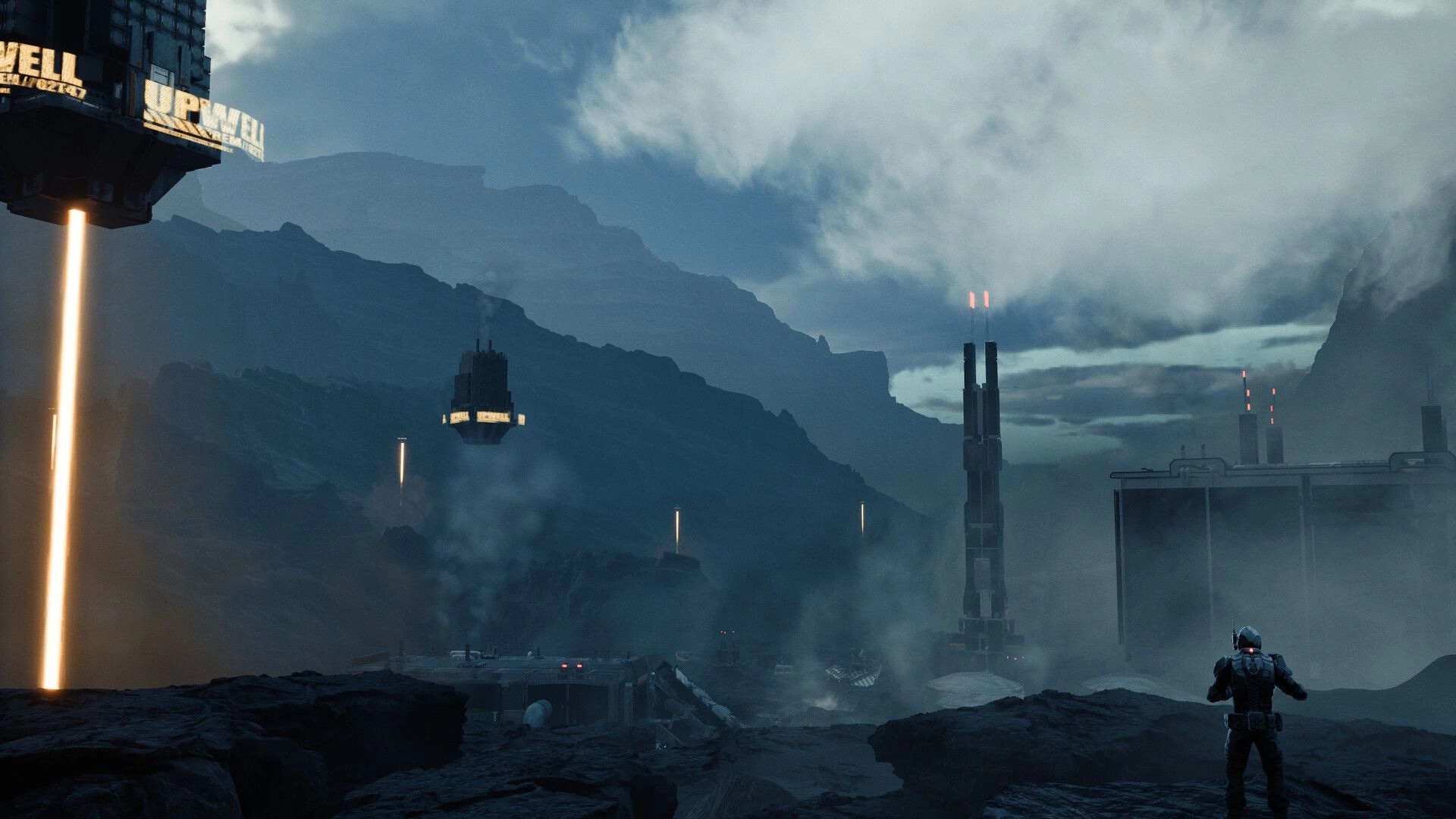 EVE Vanguard: Armored soldier overlooking foggy industrial base and towers beneath stormy mountains.