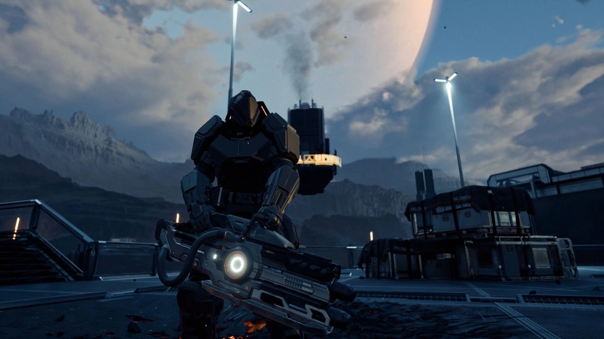 EVE Vanguard: Armored soldier holding a heavy sci-fi gun on an industrial landing pad under alien sky.