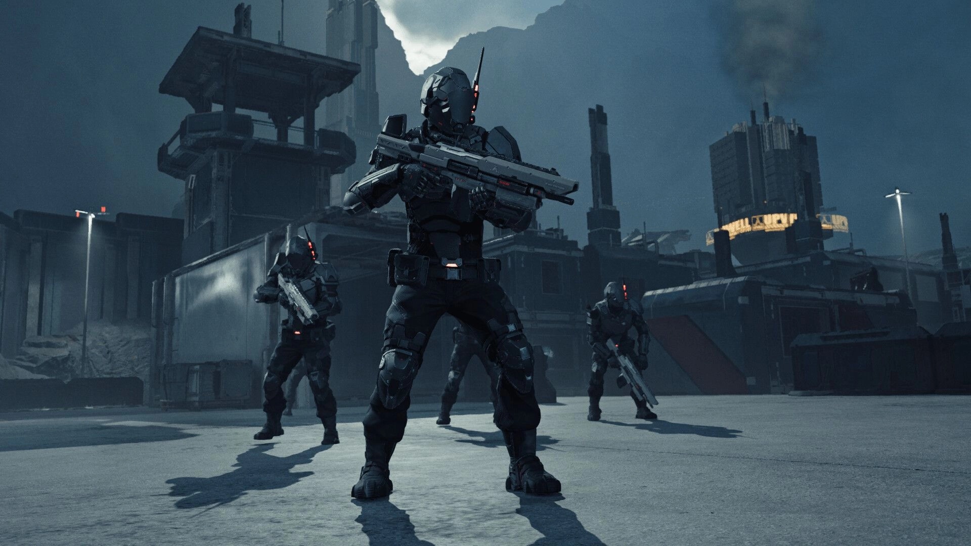 EVE Vanguard: Armored squad aiming rifles in a stormy industrial outpost with towering structures.