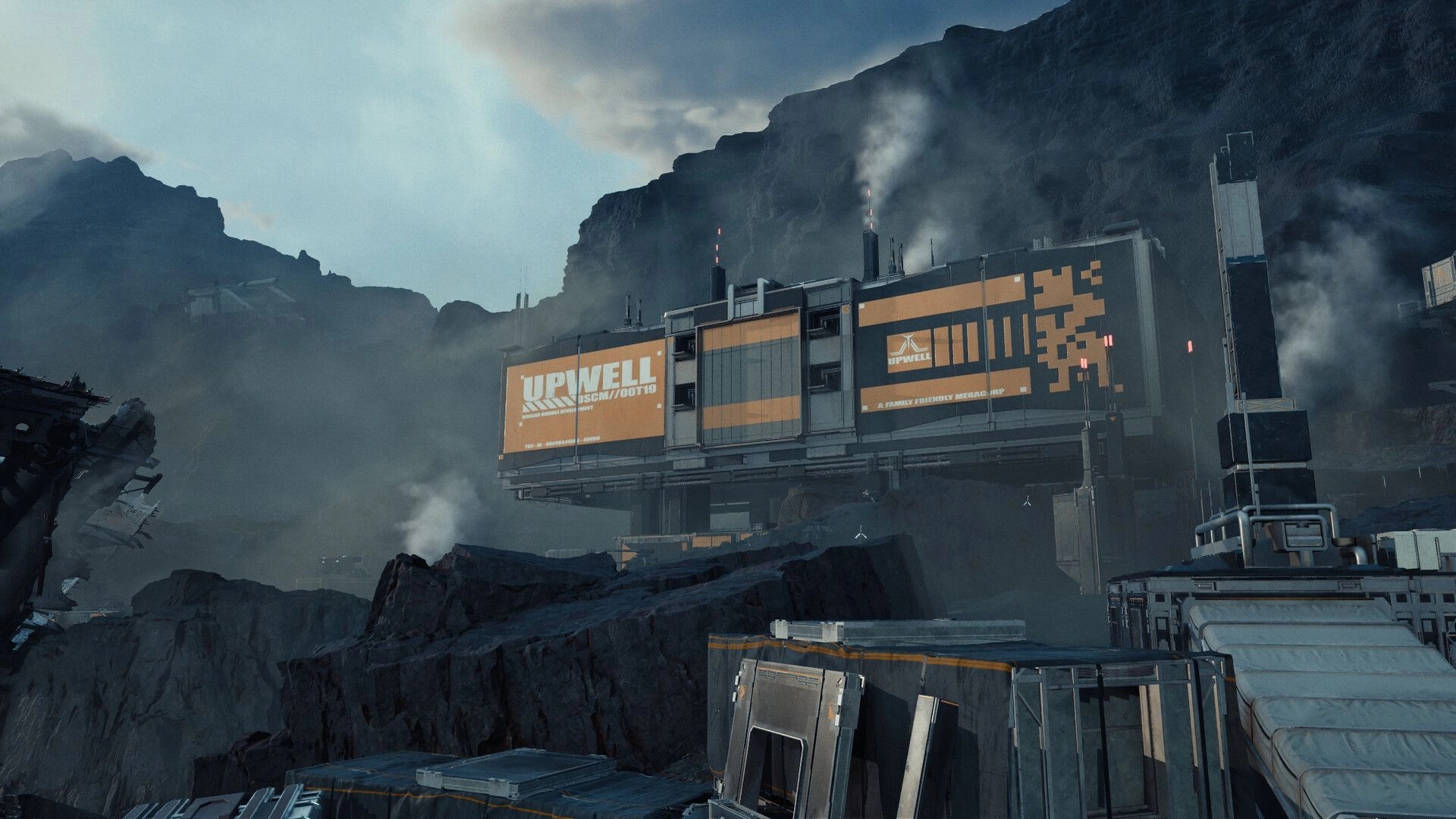 EVE Vanguard: Upwell-branded industrial outpost on rocky cliffs with smoke stacks in foggy canyon.