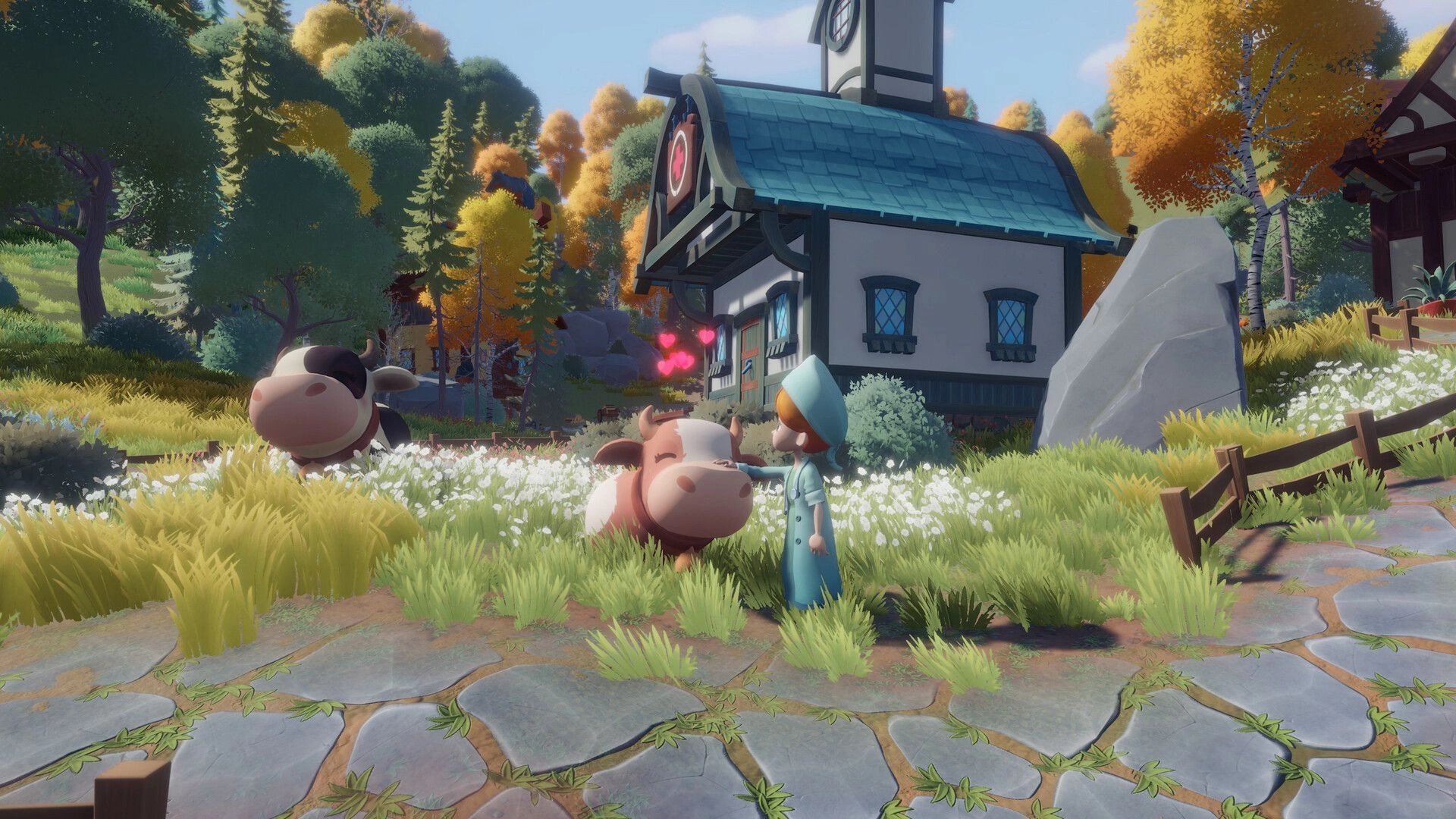 Everdream Village: Villager petting a cow near a quaint house surrounded by autumnal trees and flowers.