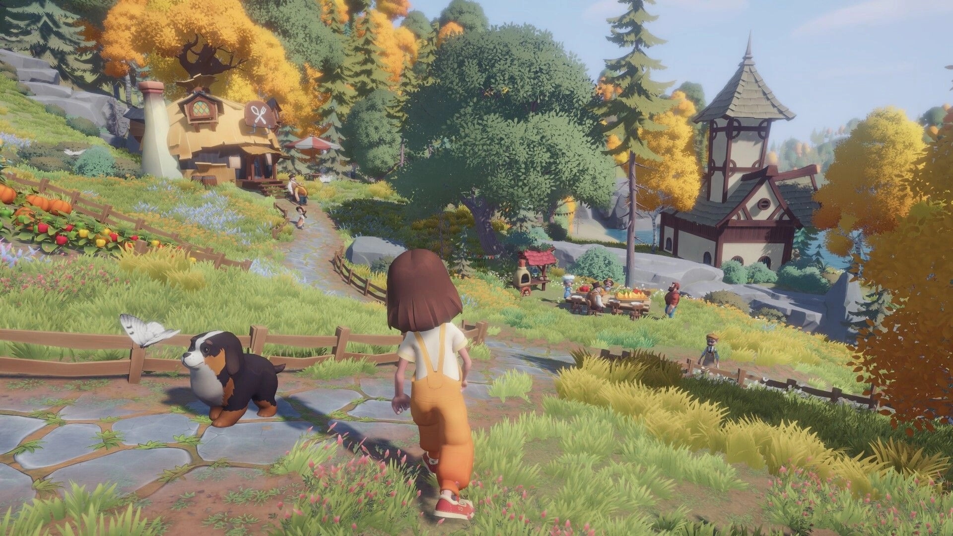 Everdream Village: Character walking with dog on path, surrounded by colorful autumn village scenery