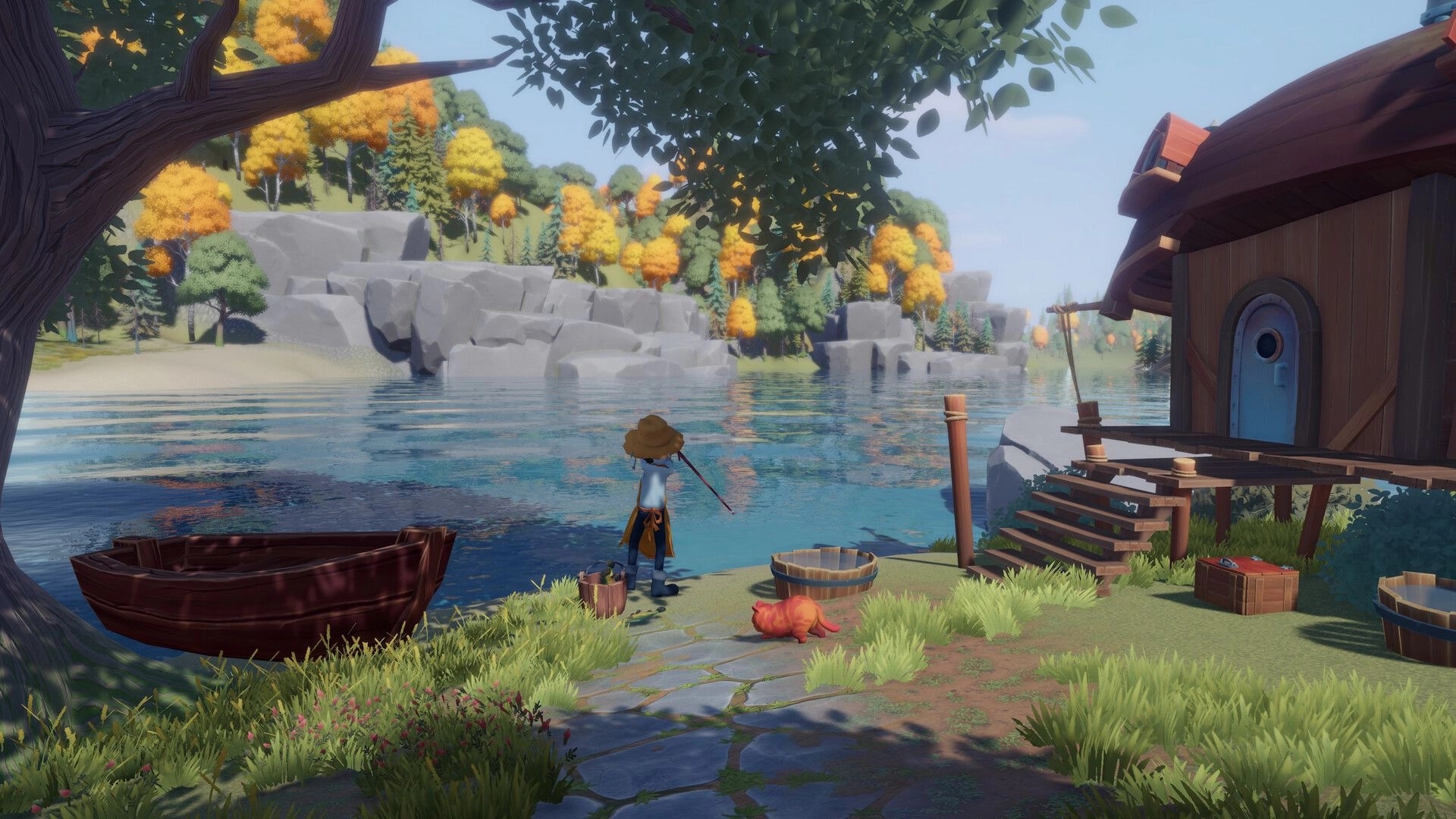 Everdream Village: Character fishing beside a lake with a cat in a serene, colorful autumn forest setting