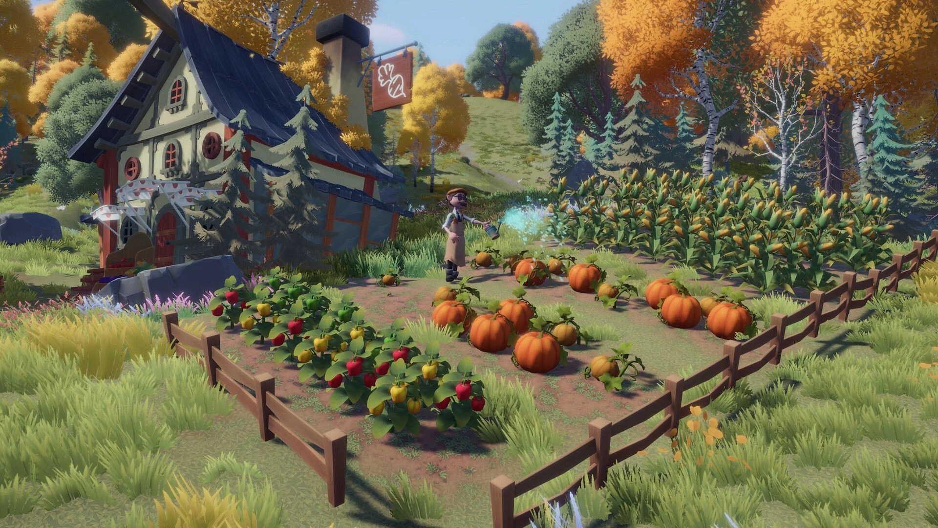 Everdream Village: Farmer watering pumpkins and corn near cozy cottage in vibrant autumn landscape