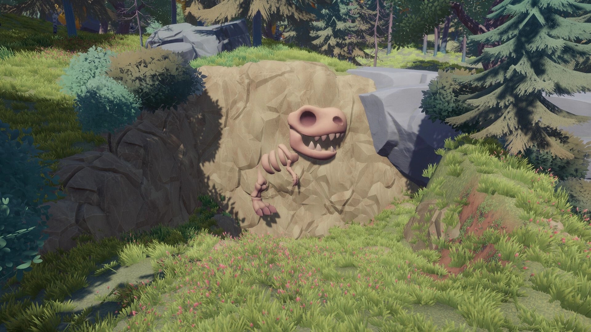 Everdream Village: Dinosaur fossil embedded in a rocky cliffside surrounded by lush forest vegetation