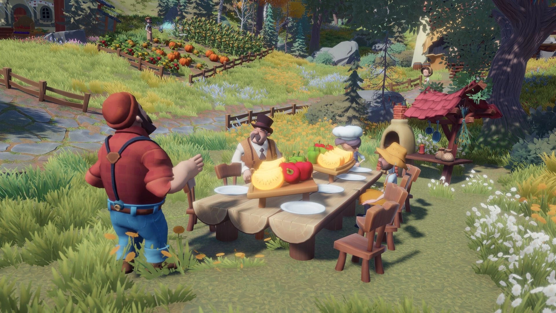 Everdream Village: Villagers gather around a table with fresh produce in a lush, vibrant farm setting.