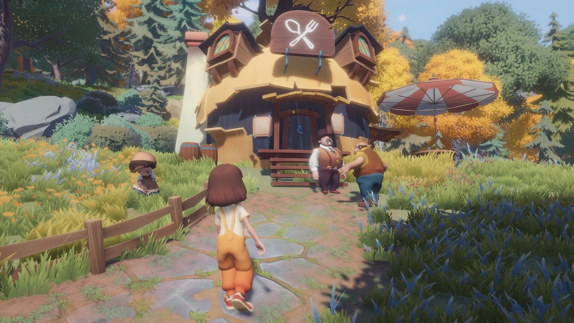 Everdream Village: Character approaches villagers outside a cozy, mushroom-shaped shop in lush forest.