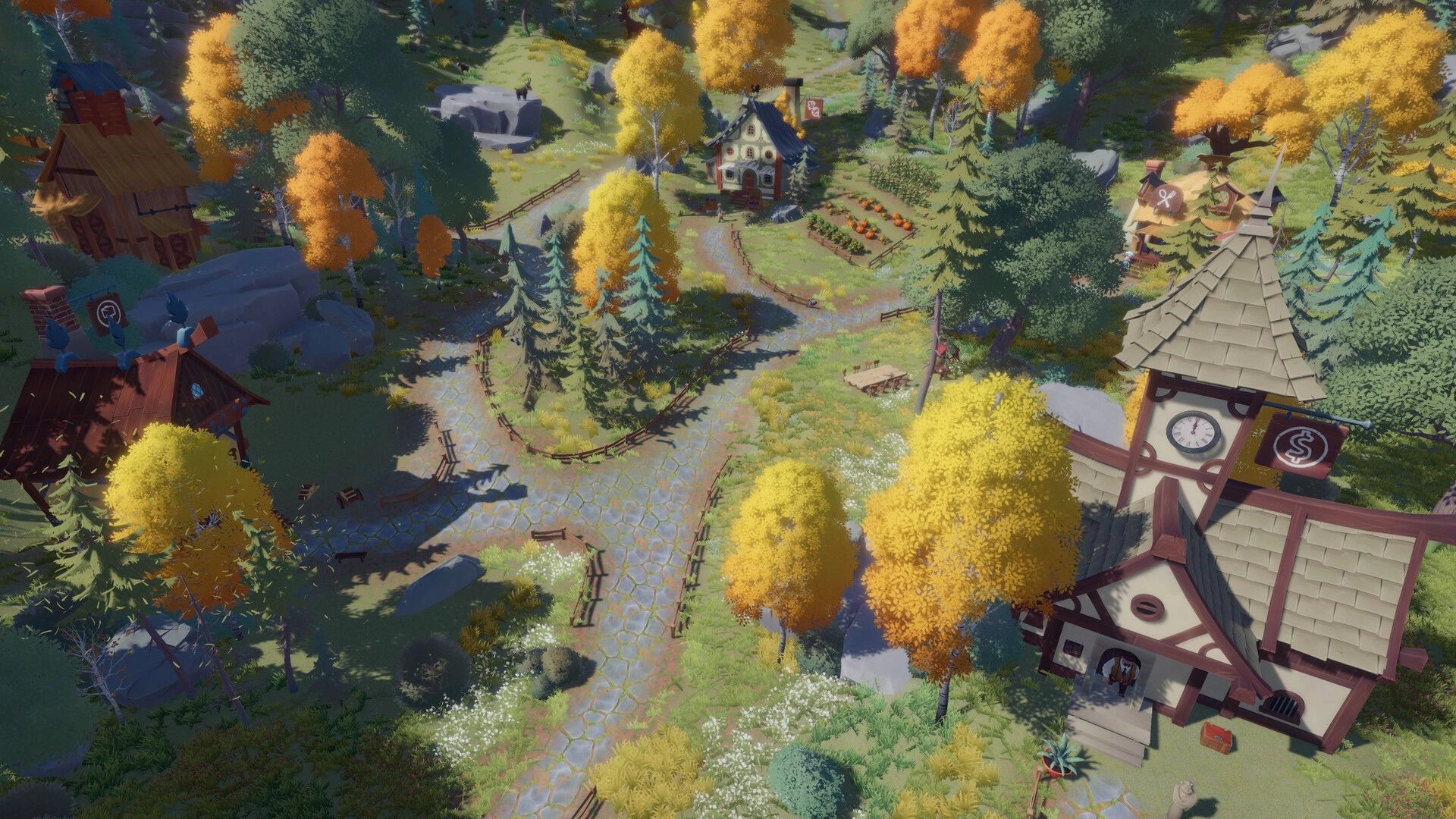 Everdream Village: Aerial view of vibrant autumn village with clock tower and charming cottages