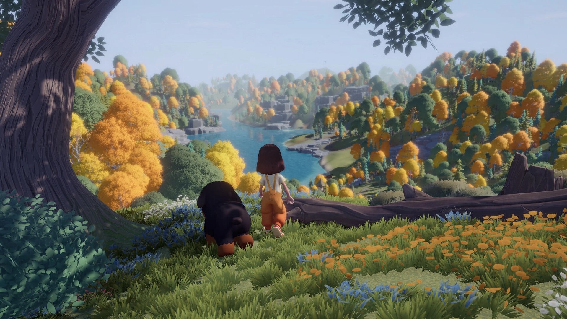 Everdream Village: Character and dog overlooking vibrant, colorful valley with river and autumn trees