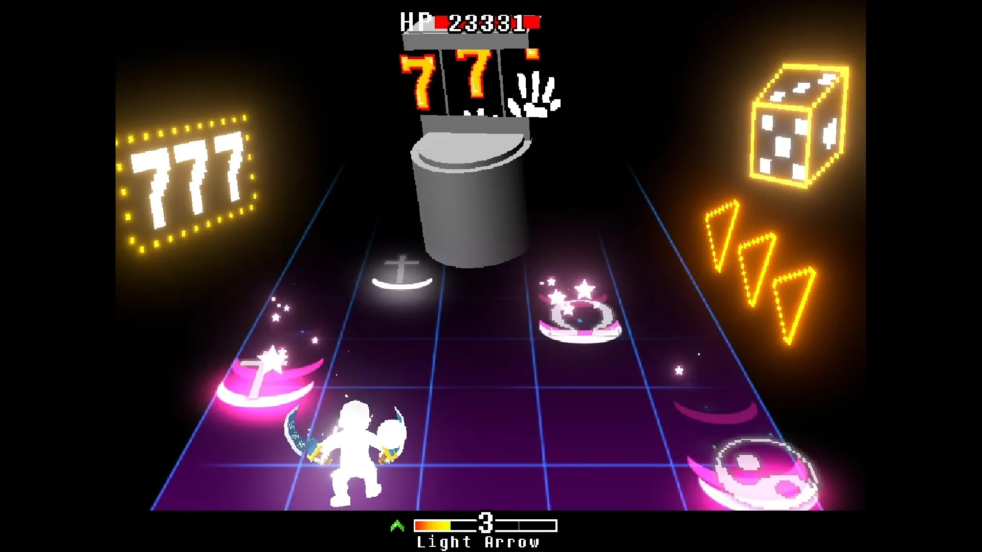 Everhood 2: Player battles on neon grid with dice and health points visible in rhythmic combat scene
