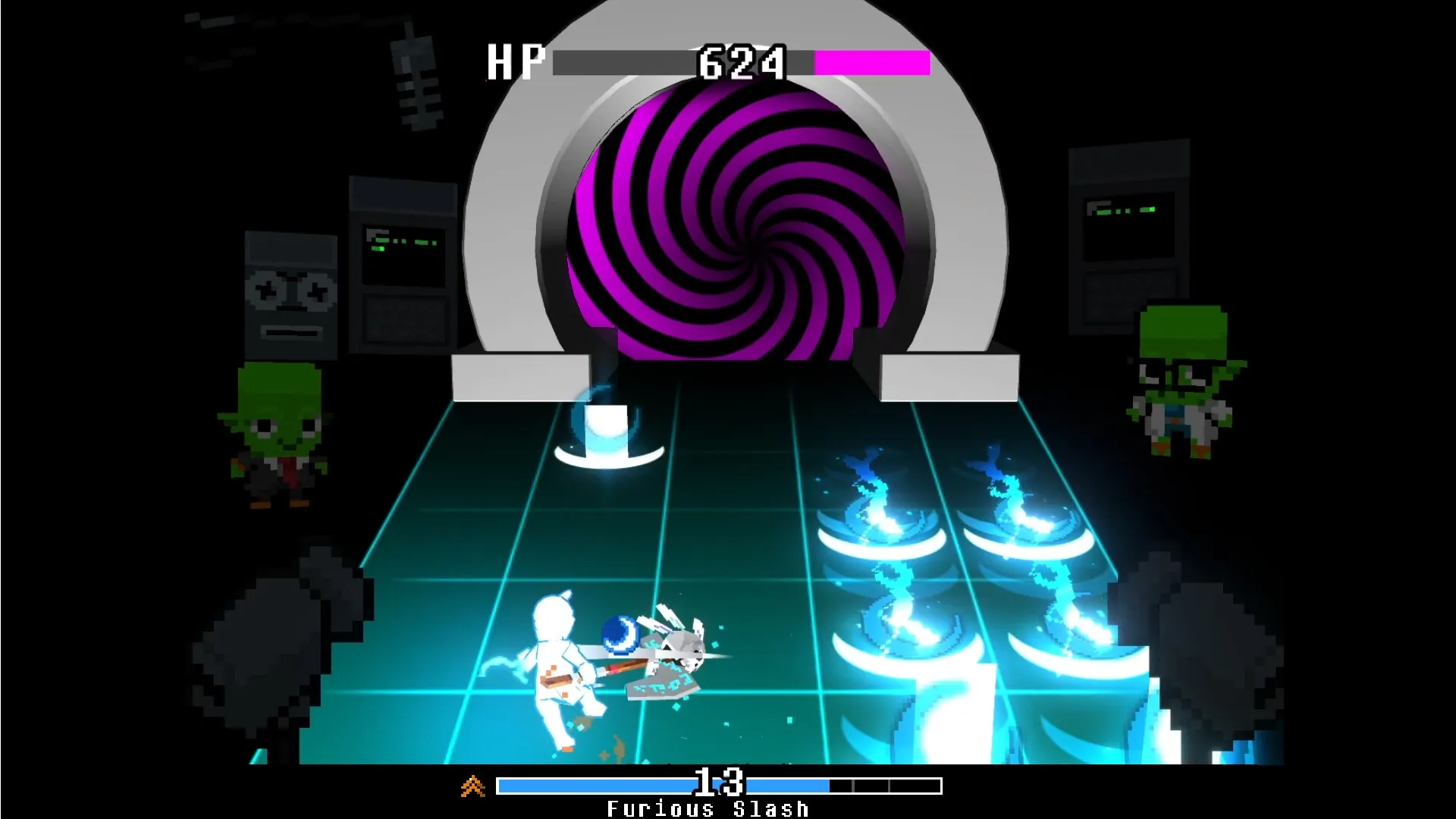 Everhood 2: Player battles enemies with Furious Slash in a futuristic room with a swirling portal.