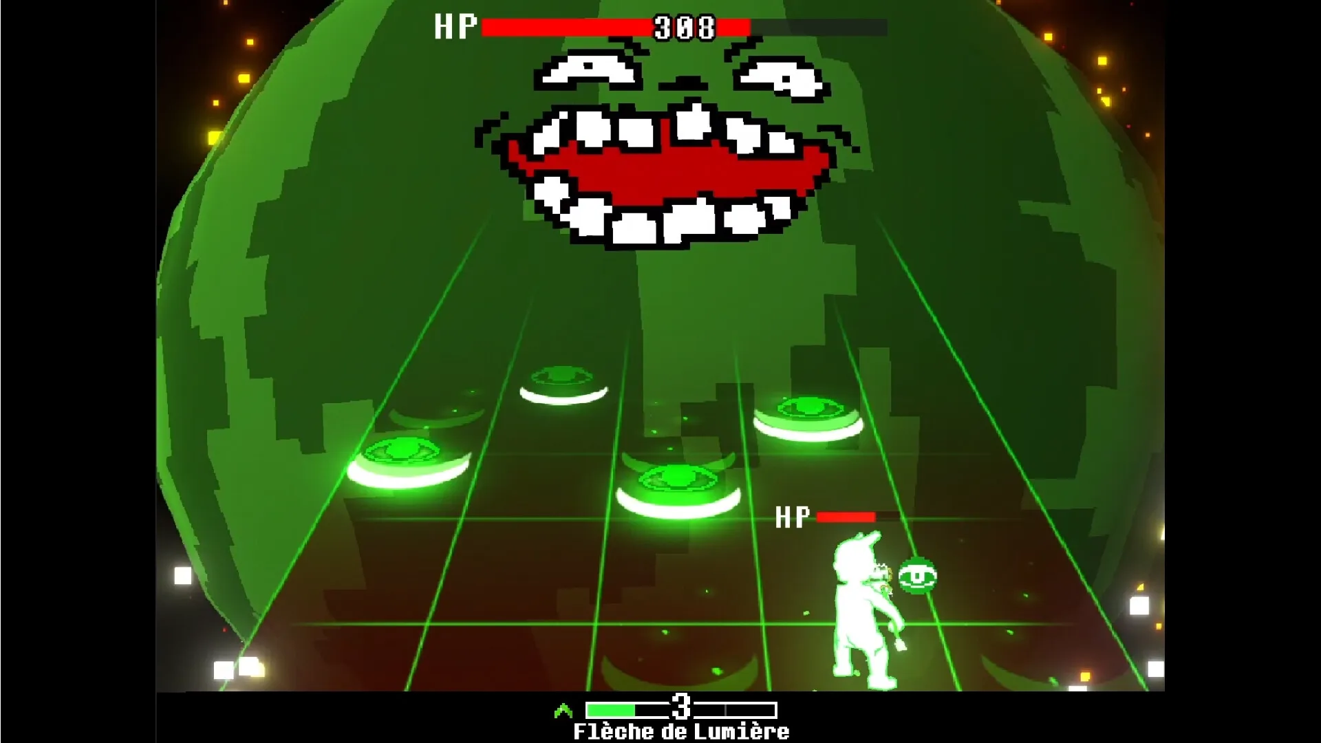 Everhood 2: Player battles a giant pixelated face with HP bar in a neon green musical arena