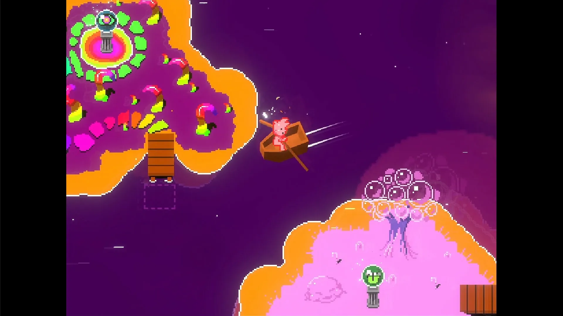 Everhood 2: Character rowing a boat between colorful floating islands in a vibrant, surreal landscape