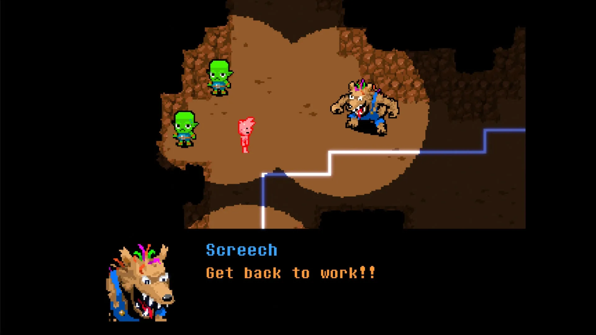 Everhood 2: Character confrontation with Screech and goblins in a rocky underground arena