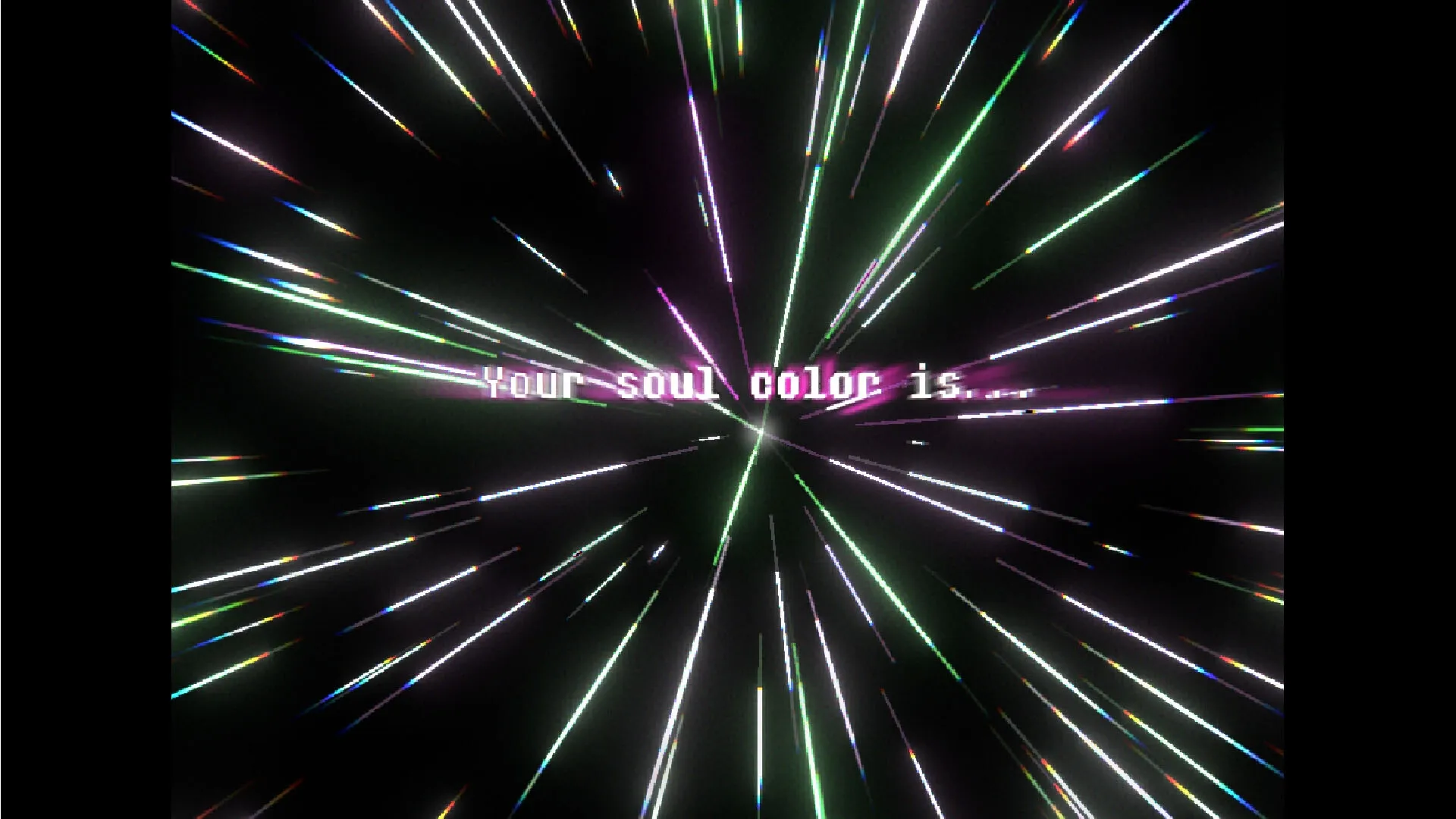 Everhood 2: Colorful light streaks converge on text "Your soul color is..." in a dark void setting.