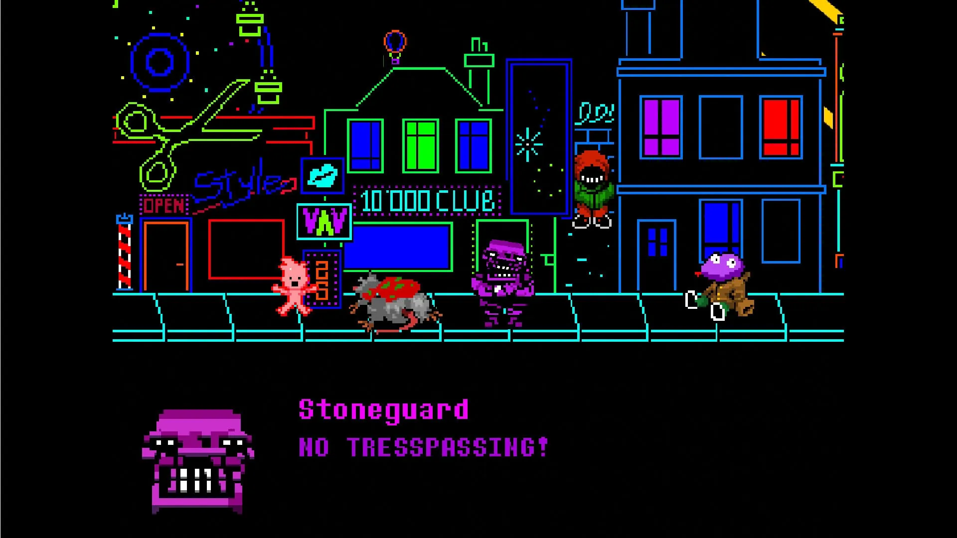 Everhood 2: Characters on neon-lit street with "Stoneguard" text warning "NO TRESPASSING!"