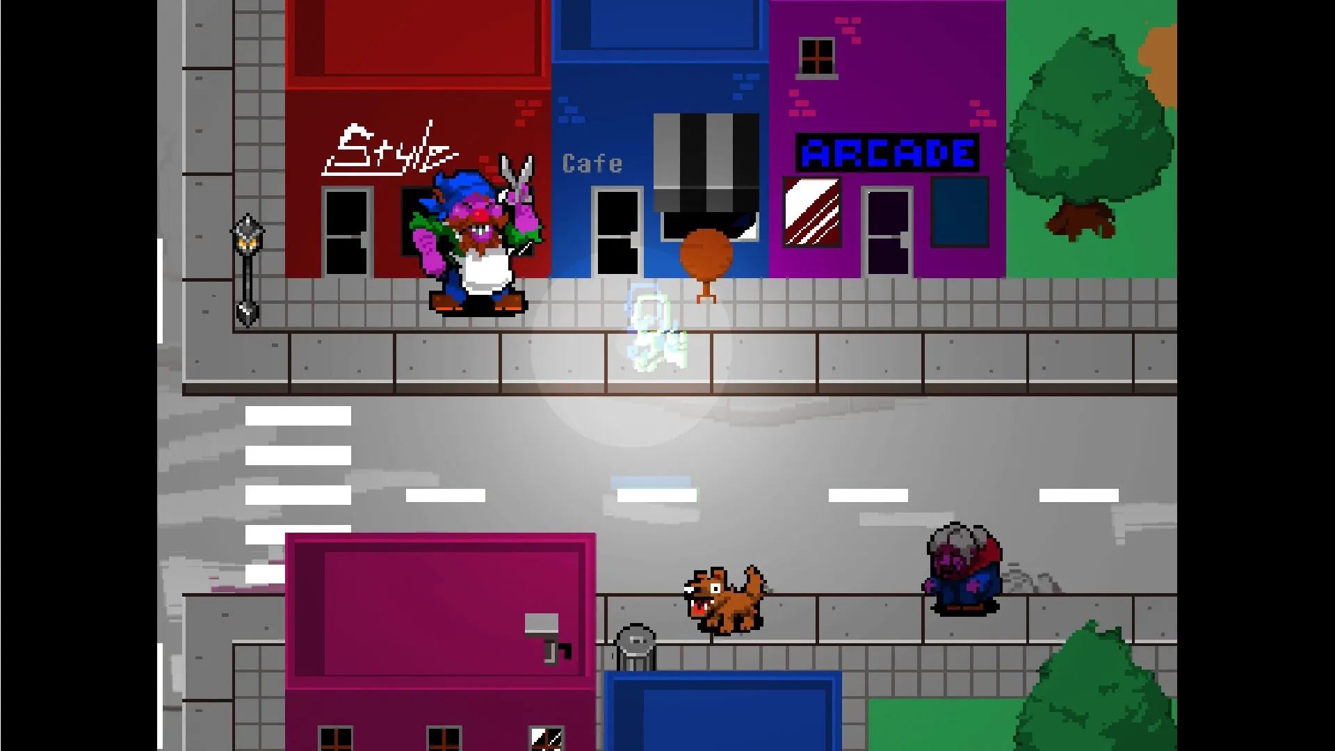 Everhood 2: Character walking past colorful shops and arcade in a vibrant pixel-art town street