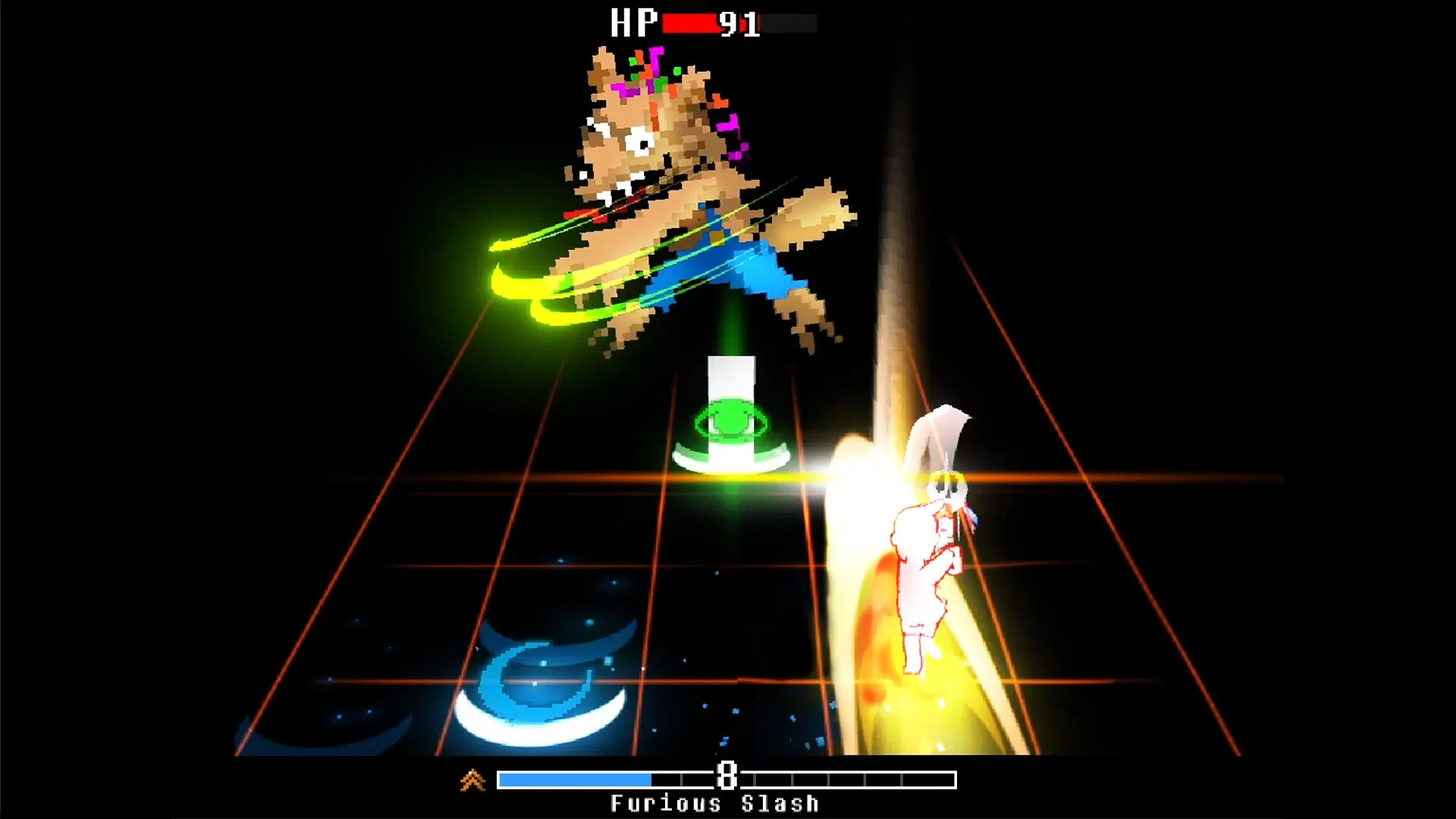 Everhood 2: Player battling a pixelated wolf enemy on a glowing grid with health bar visible