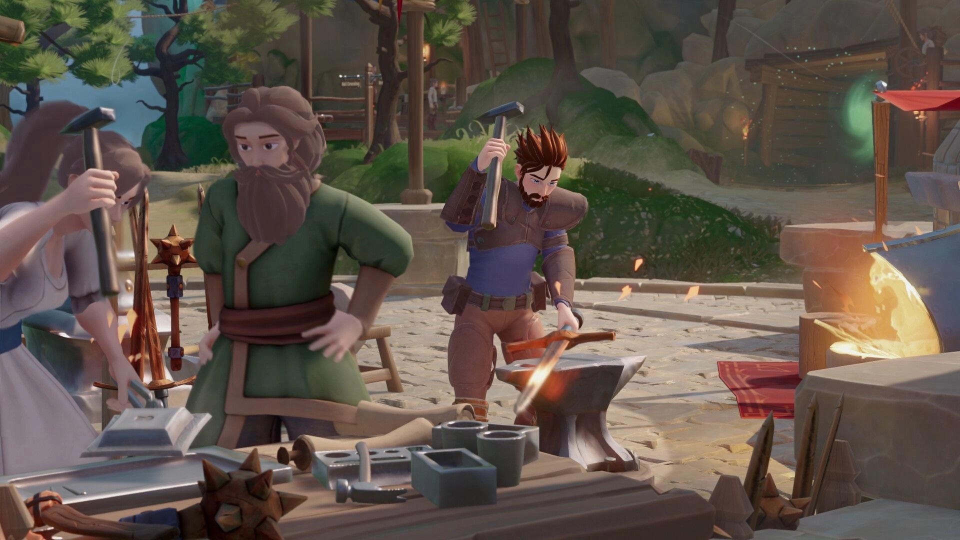 Everlast: Characters forging weapons at a crafting table in a vibrant forest village setting.