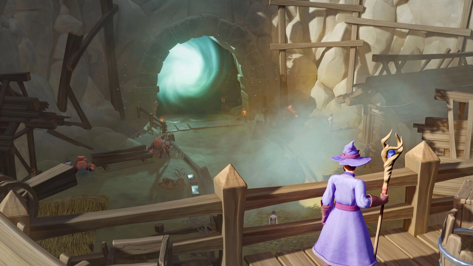 Everlast: Wizard overlooking a mystical portal in a rocky cavern with wooden structures