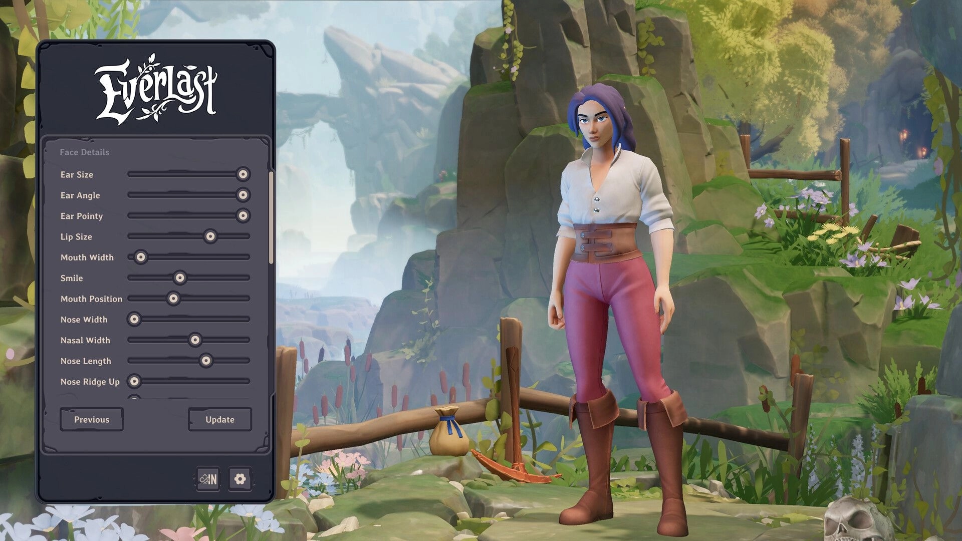 Everlast: Character customization interface with sliders in a lush mountain landscape environment