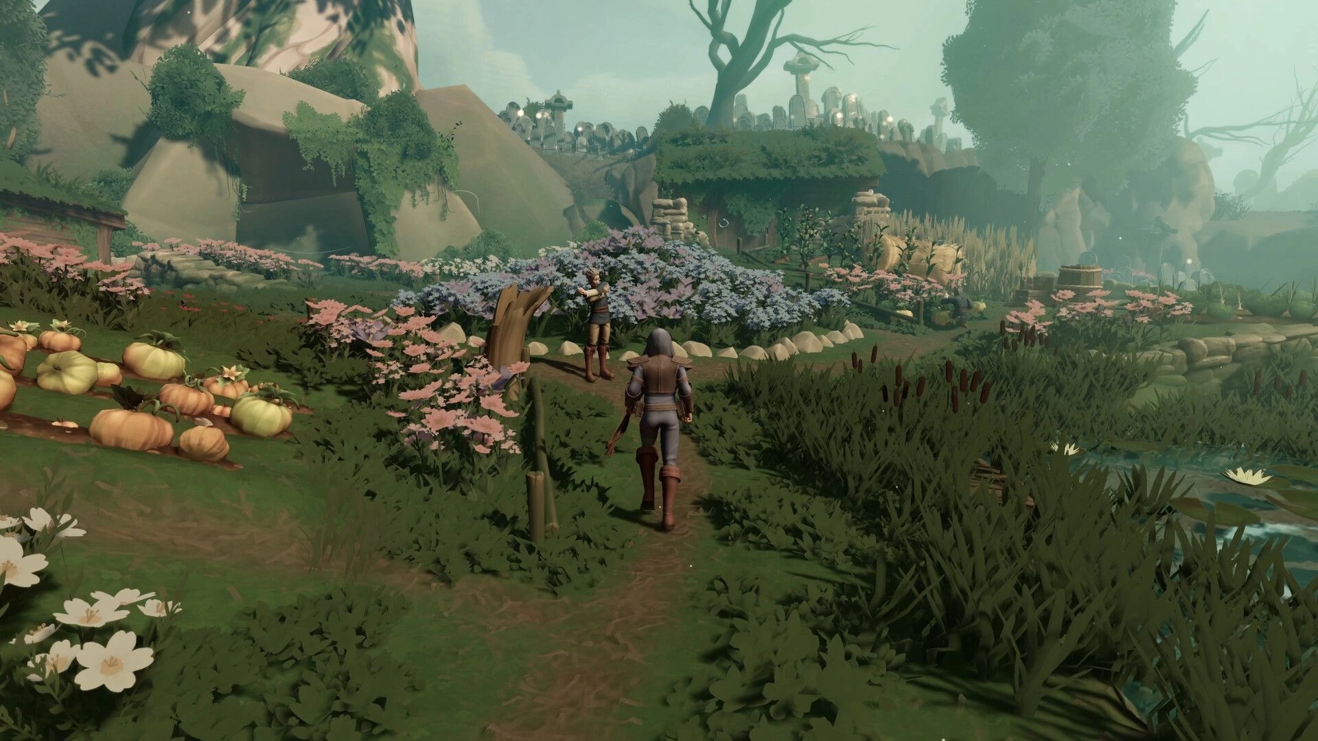 Everlast: Character exploring lush garden path with pumpkins and flowers in a vibrant open-world setting