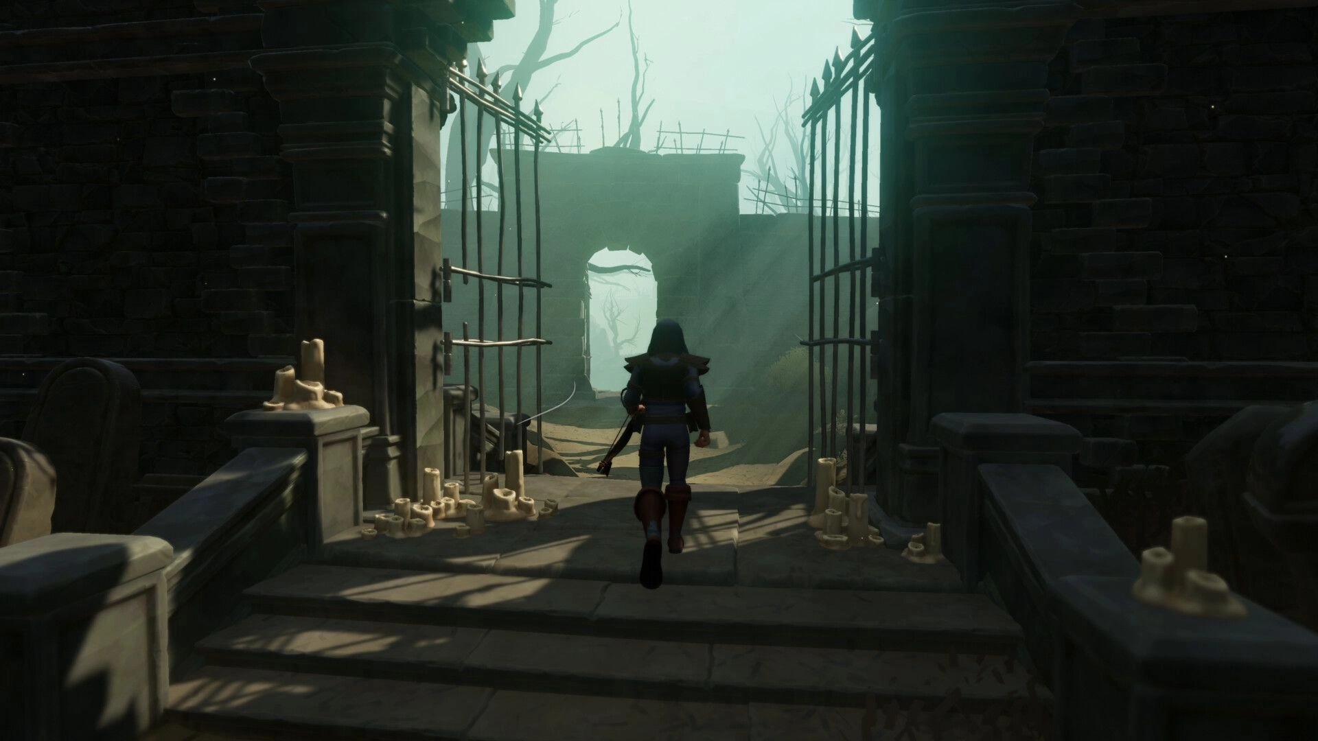 Everlast: Player approaches open gate in mysterious forest with scattered candles and dim lighting