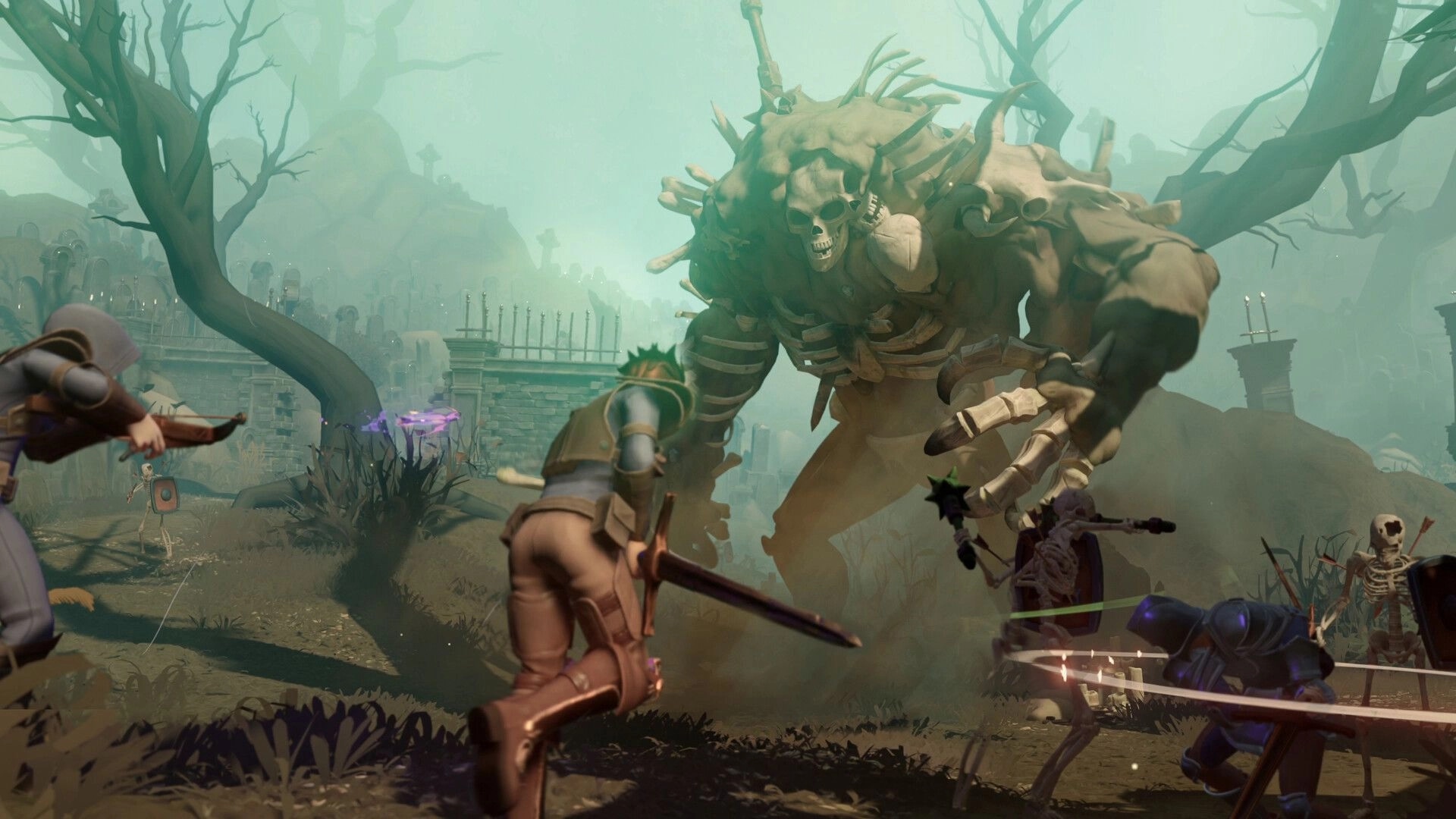 Everlast: Players battle a massive skeletal monster in a foggy graveyard with ancient ruins.