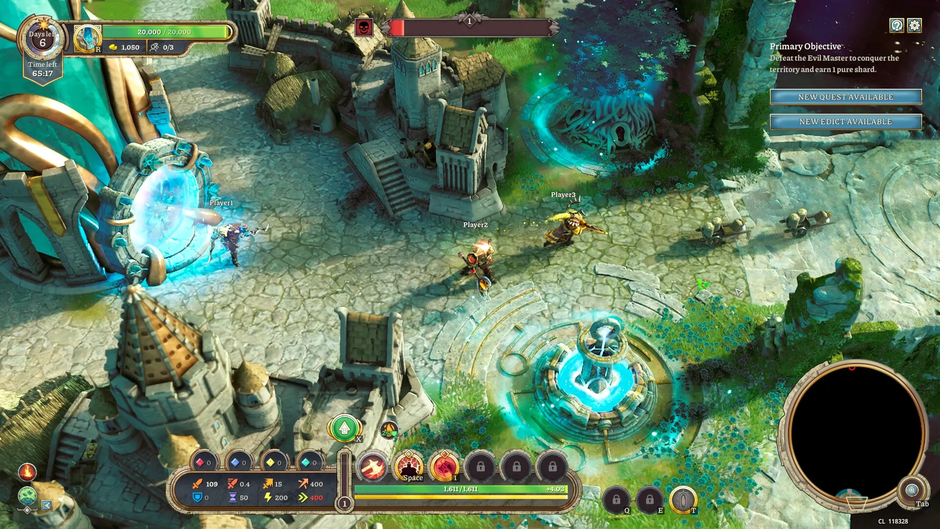 EverSiege: Three players explore ancient ruins near a glowing portal and objective display in Bastion.