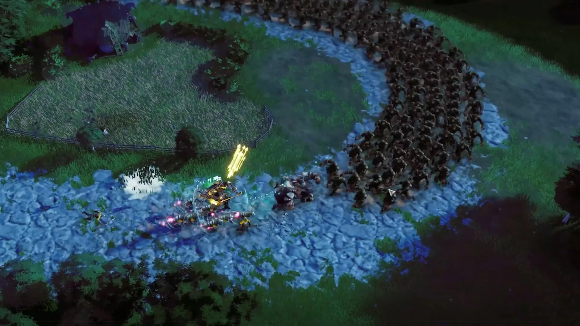EverSiege: Heroes battling advancing horde on winding forest path with strategic positioning