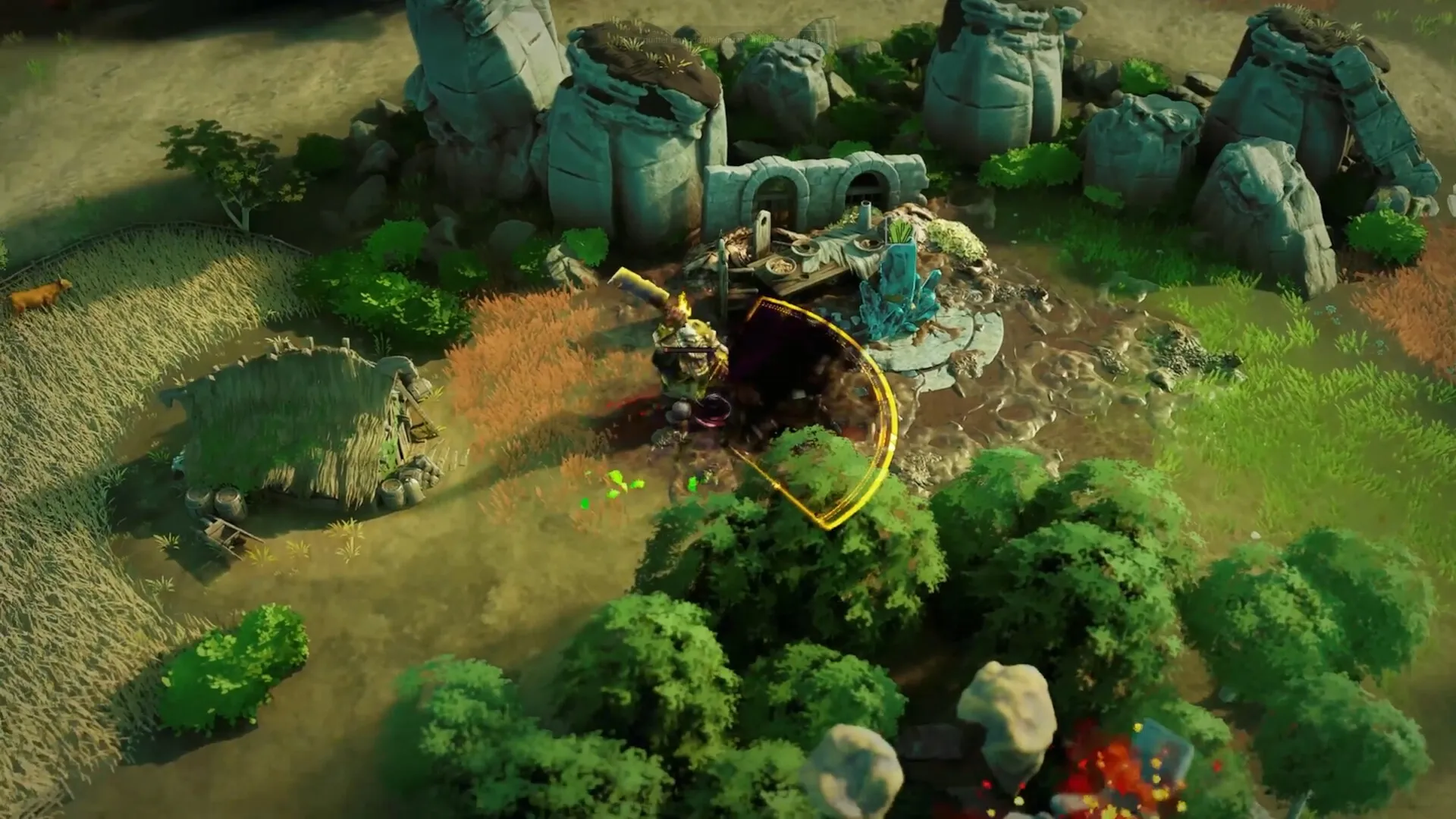 EverSiege: Hero battles enemies near ancient ruins amidst lush greenery and rocky terrain