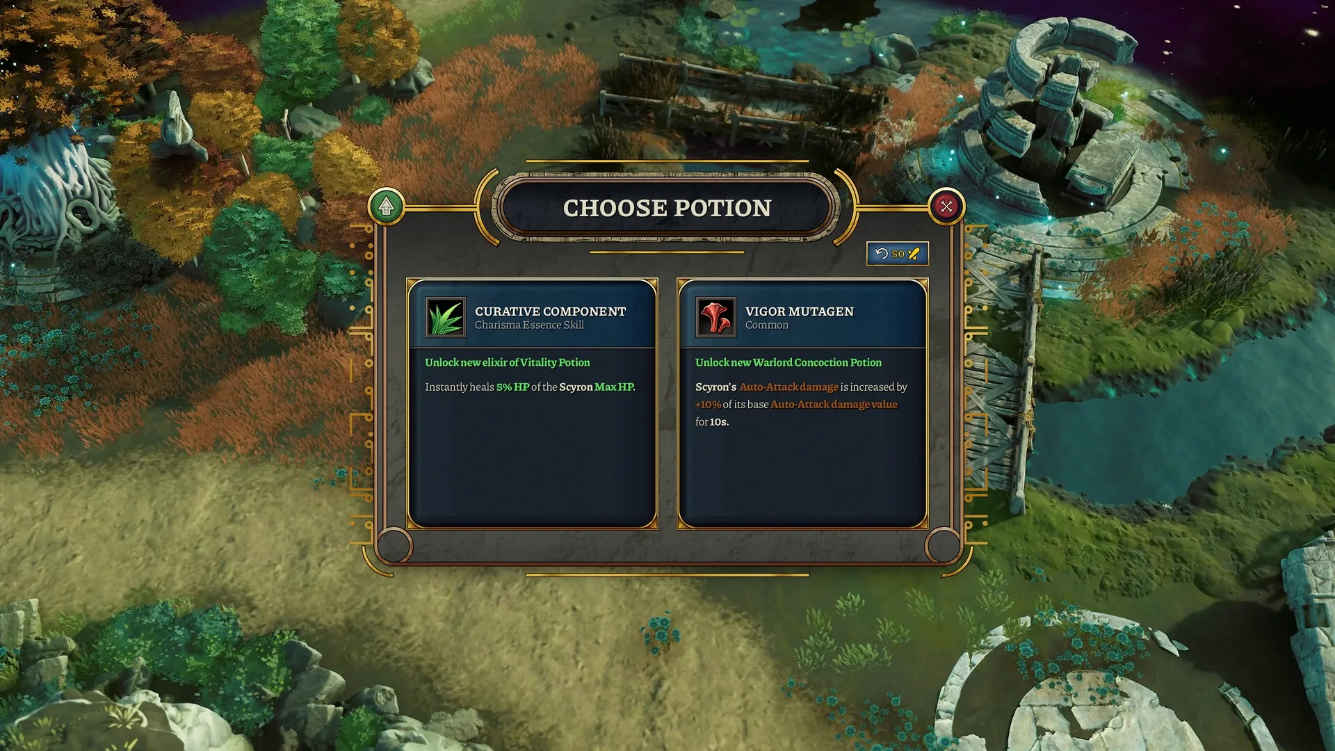 EverSiege: Potion selection screen with options for Curative Component and Vigor Mutagen in forest ruins