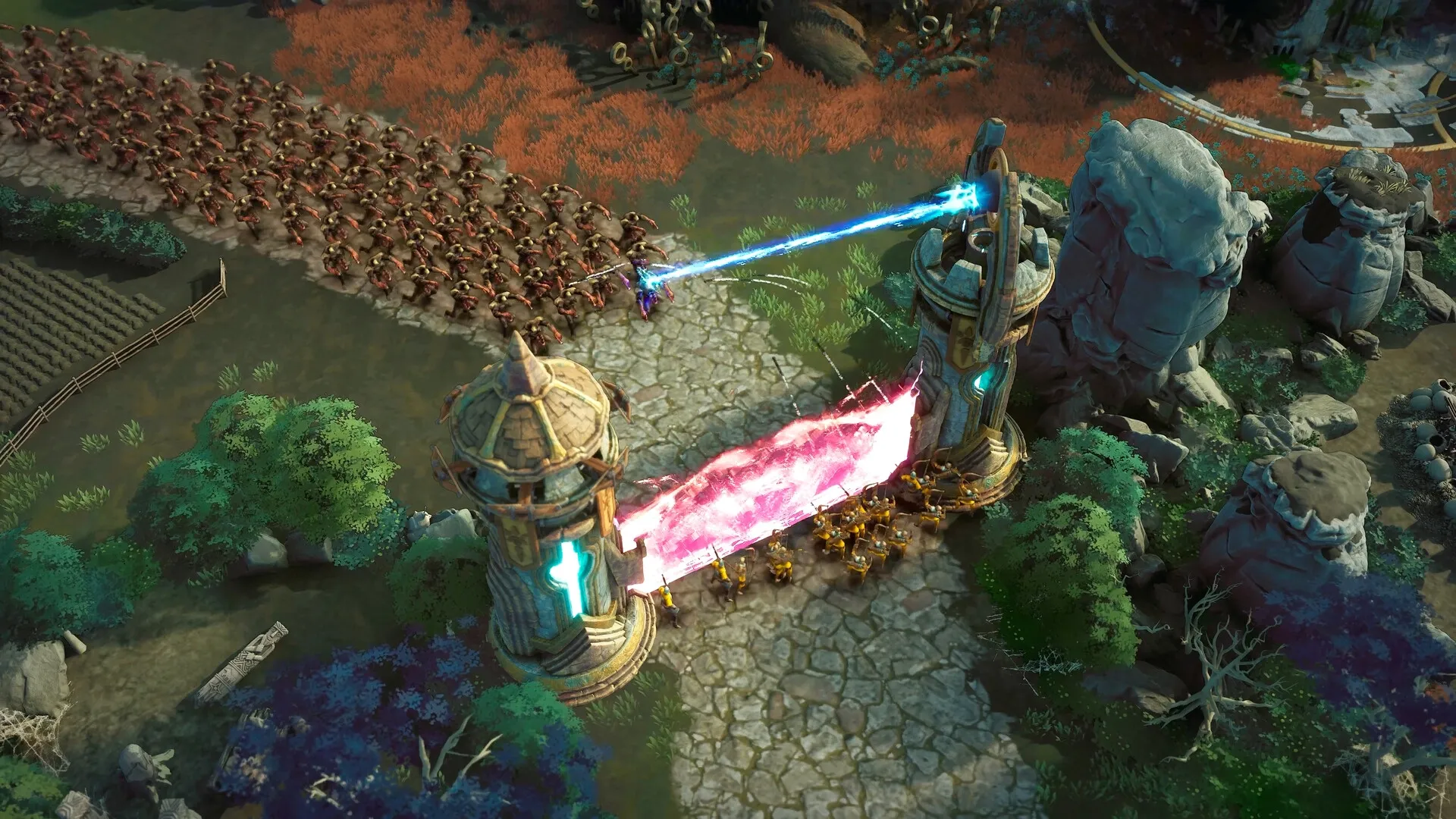 EverSiege: Massive enemy horde approaches glowing gate defended by troops in verdant landscape