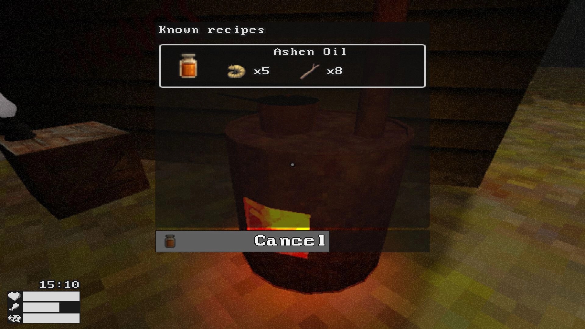Everstill Valley: Known recipes crafting menu for Ashen Oil over a lit stove inside a wooden cabin.