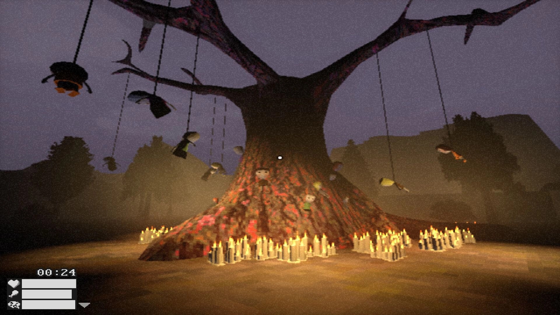 Everstill Valley: HUD timer and bars facing a candle-lit tree with hanging dolls at dusk clearing.