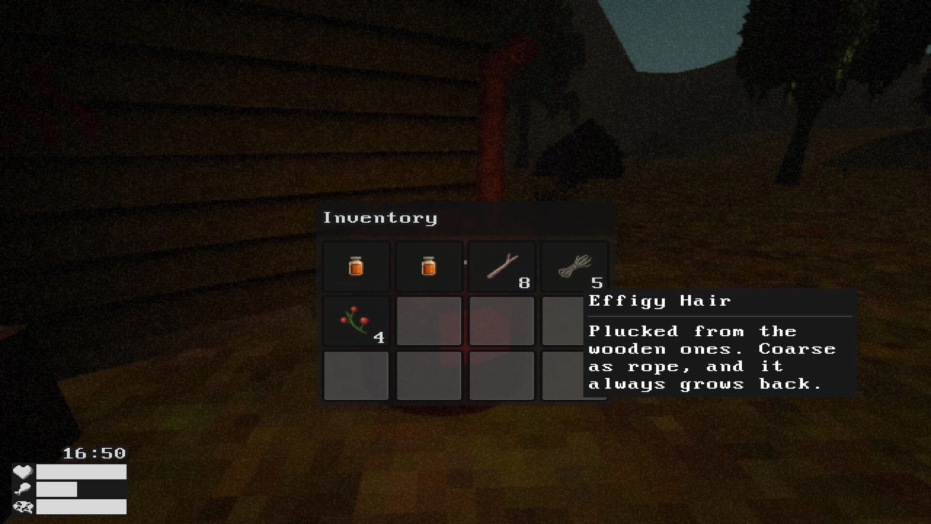 Everstill Valley: Inventory open showing jars, sticks, berries, and Effigy Hair tooltip by cabin wall.