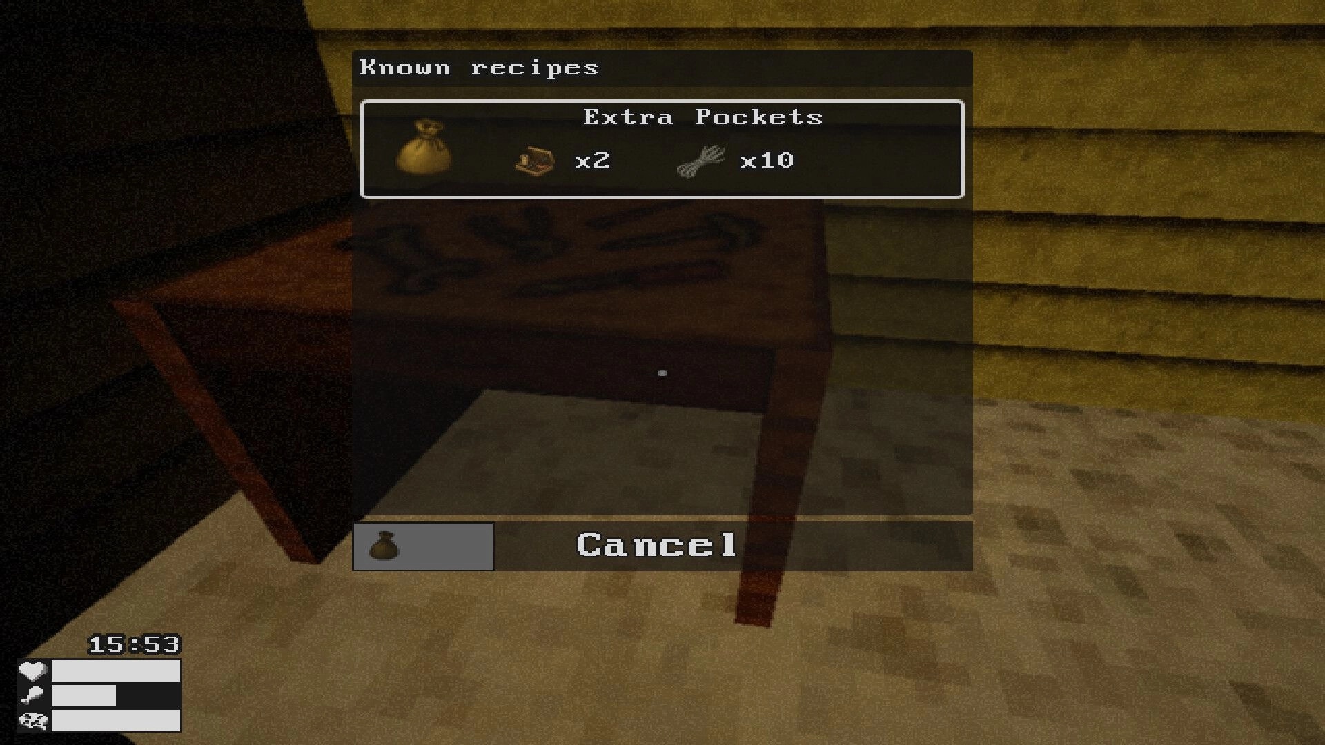 Everstill Valley: Known recipes menu for Extra Pockets upgrade over a chair in a wooden cabin room.