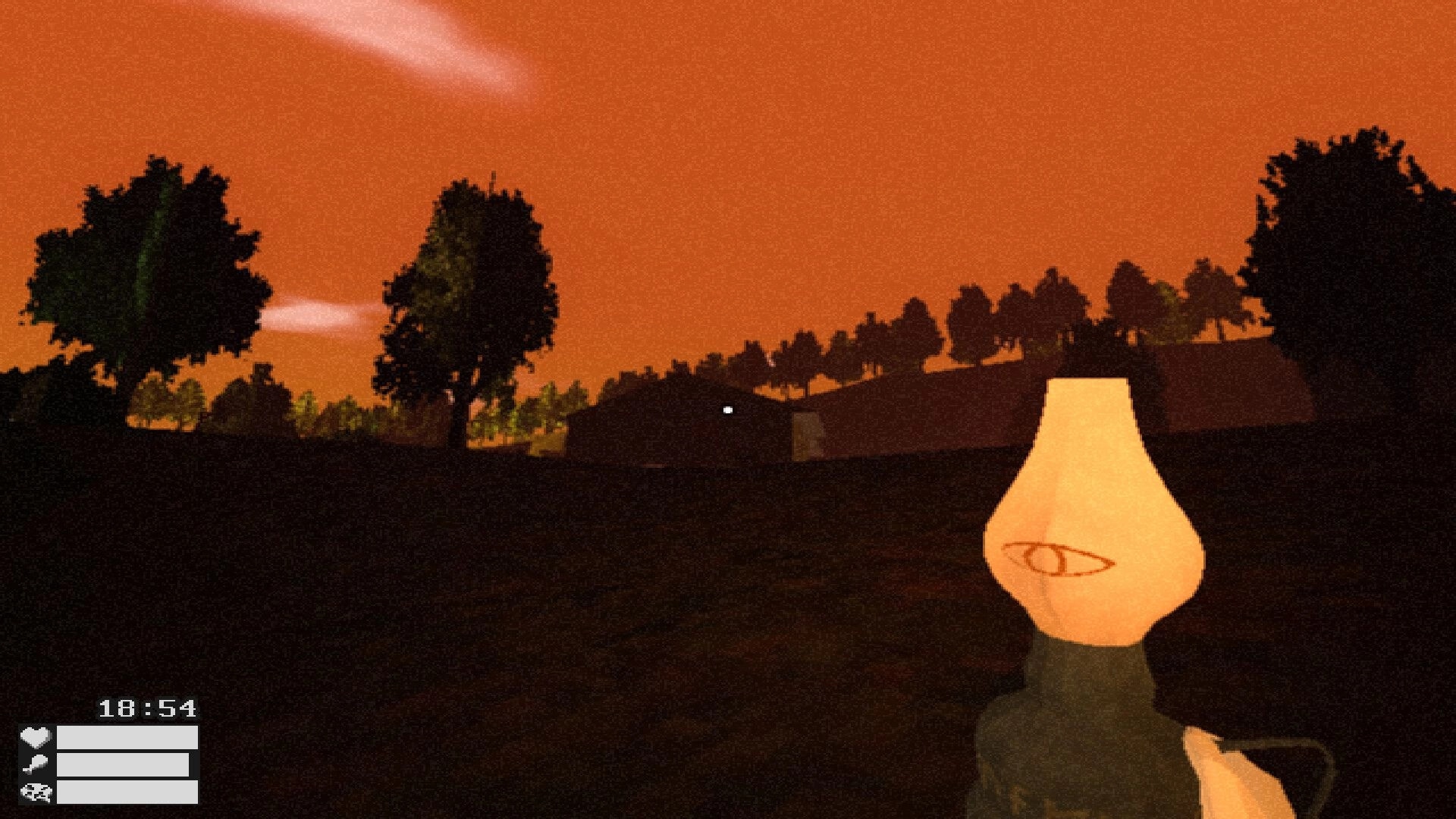 Everstill Valley: First-person view holding a lantern at dusk, HUD time 18:54 in dark hills with trees.