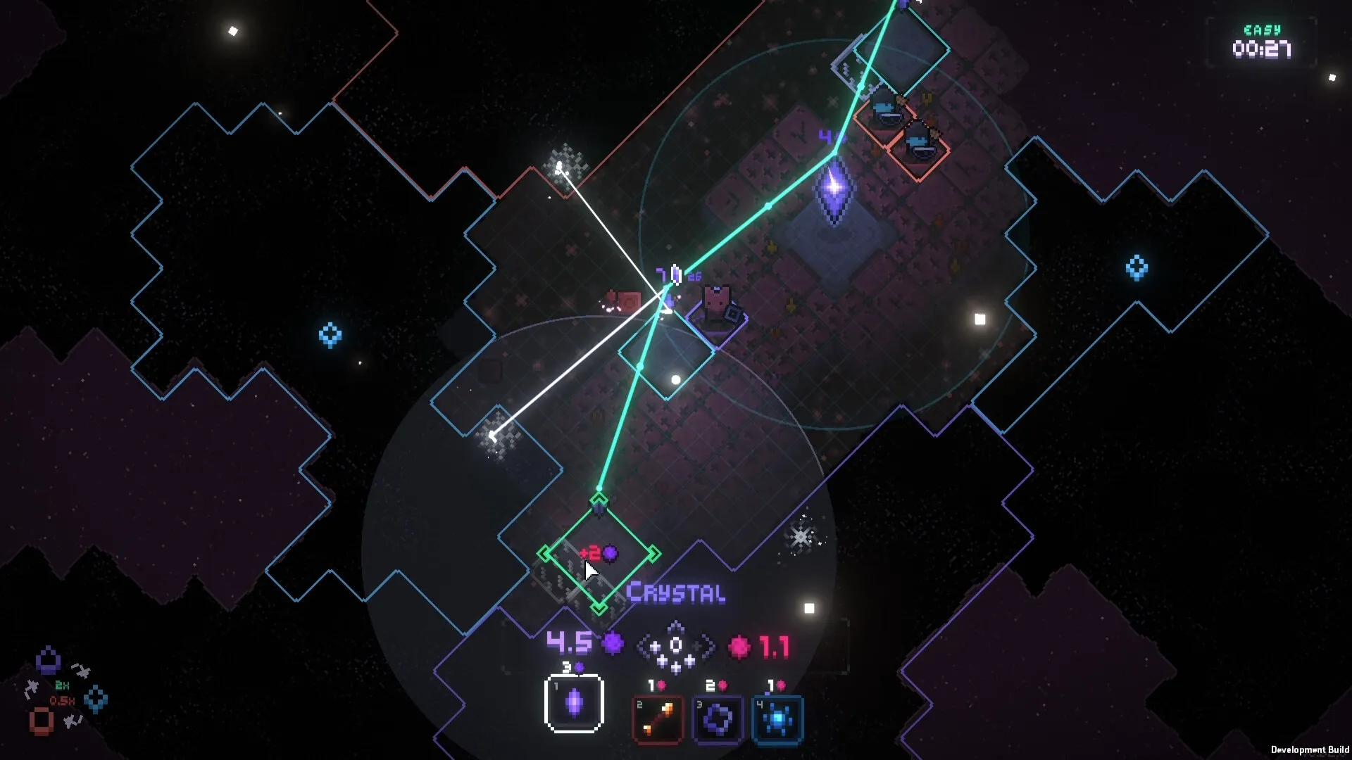 Everwarder: Strategic defense setup with crystals and lasers on a grid-based map, time at 00:27