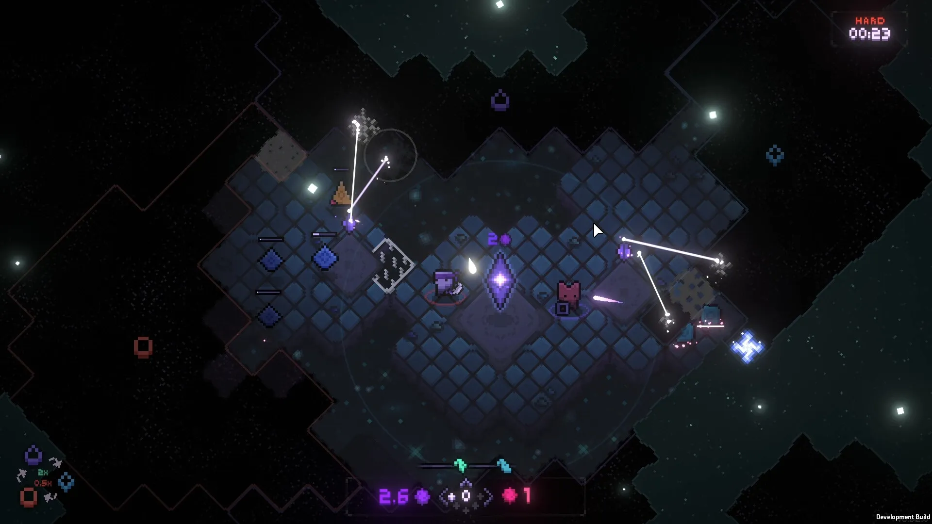 Everwarder: Player defending crystal with turret units on a grid map against darkness in hard mode.