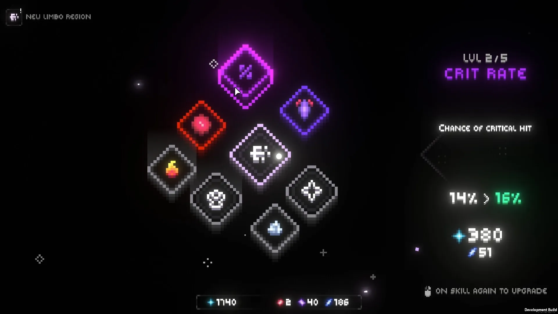 Everwarder: Skill upgrade interface with various icons and critical hit stats in a dark, minimal setting.