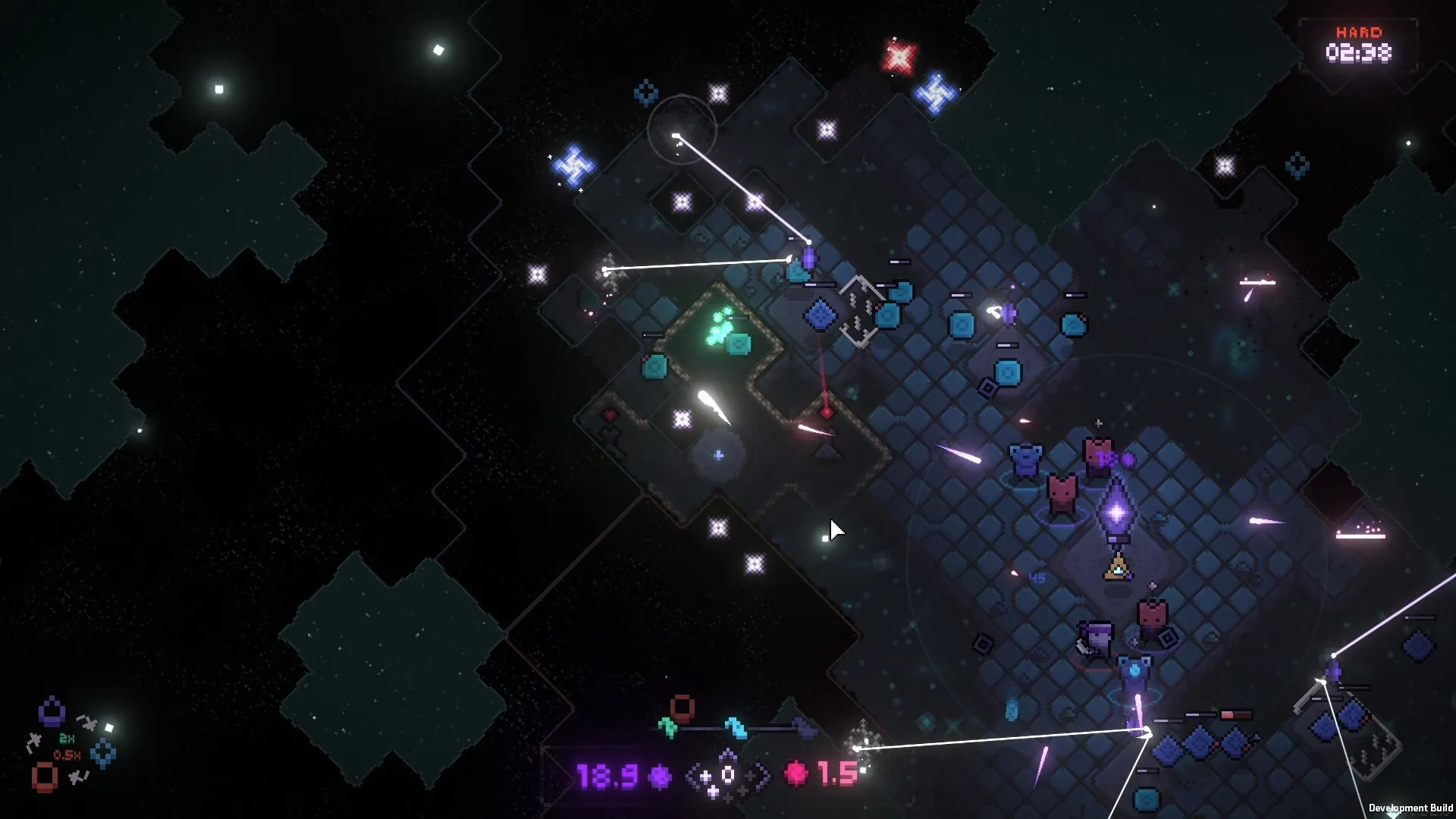 Everwarder: Overhead view of strategic combat with various units and glowing artifacts on a dark grid.