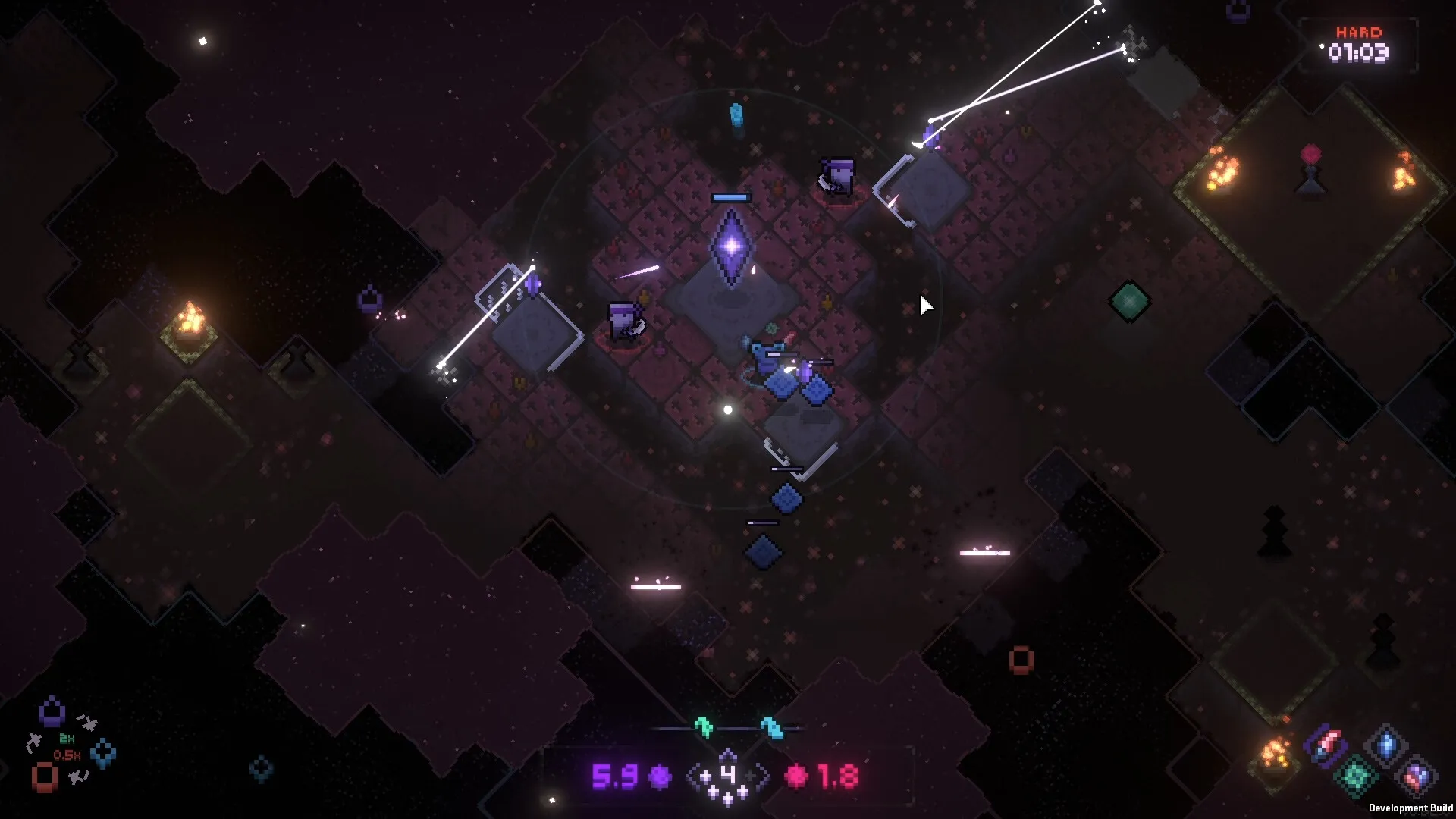 Everwarder: Central crystal defended by units with lasers, surrounded by dark terrain and UI elements