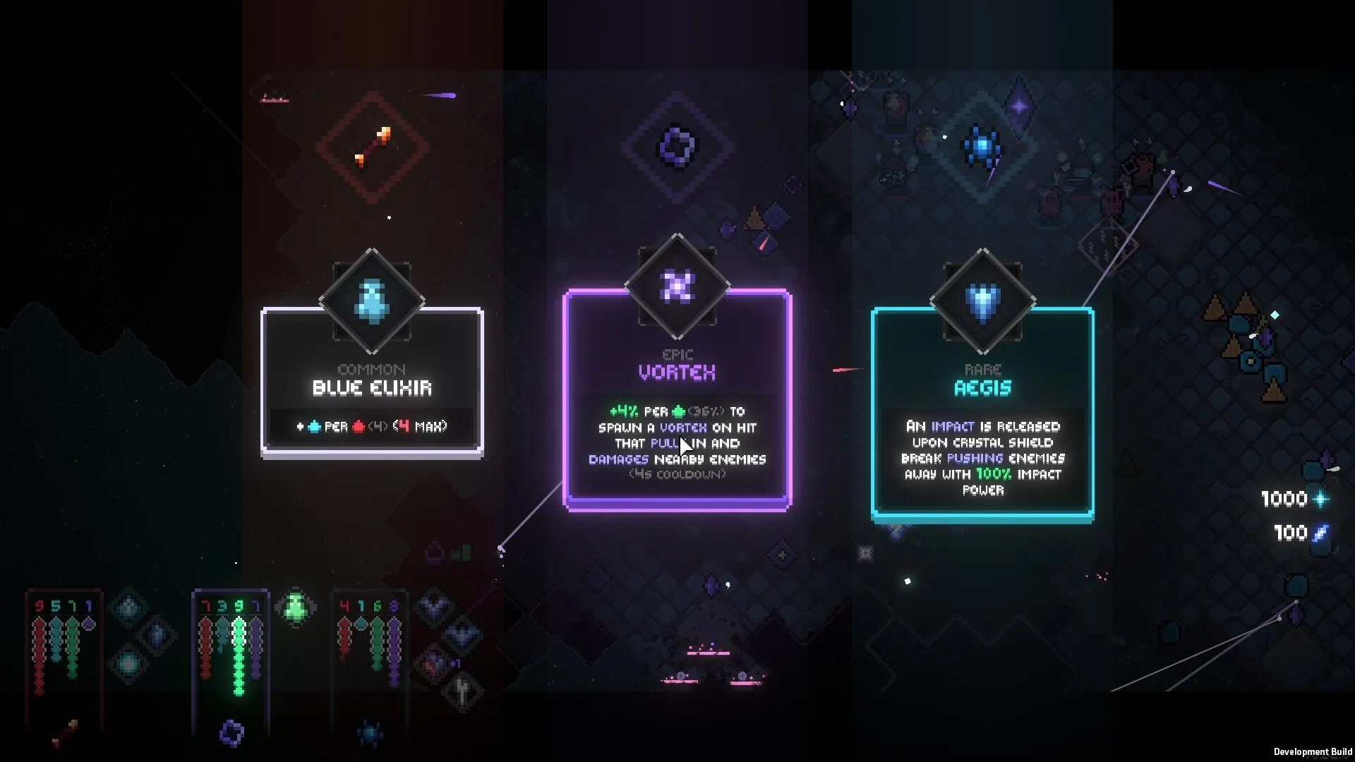 Everwarder: Item selection screen displaying Blue Elixir, Vortex, and Aegis in grid environment.